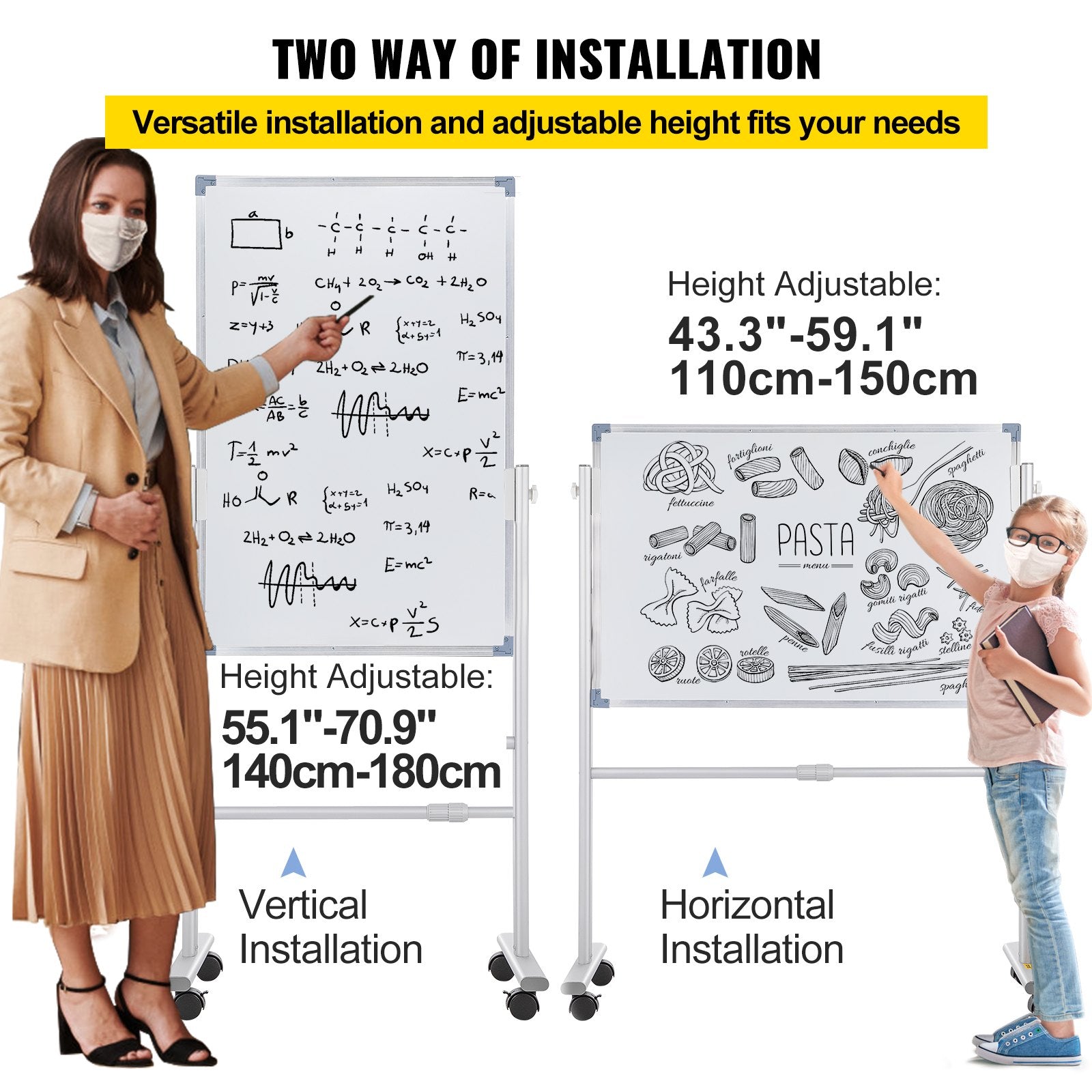 VEVOR Mobile Magnetic Whiteboard, 36 x 24 Inch, Double Sided, 360 Degree Reversible Rolling Dry Erase Board, Height Adjustable with Aluminum Frame and Lockable Swivel Wheels, for Office School Home 