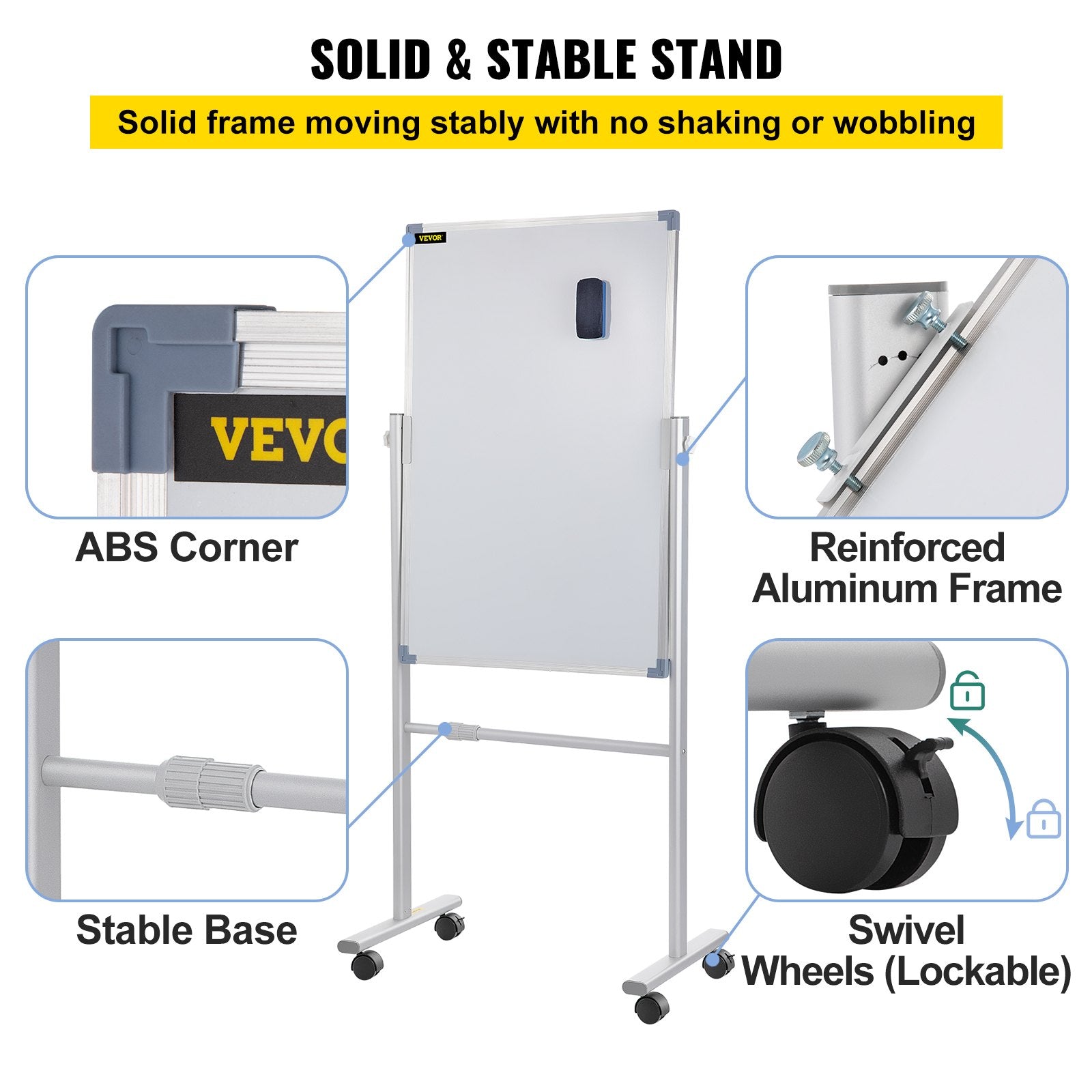 VEVOR Mobile Magnetic Whiteboard, 36 x 24 Inch, Double Sided, 360 Degree Reversible Rolling Dry Erase Board, Height Adjustable with Aluminum Frame and Lockable Swivel Wheels, for Office School Home 