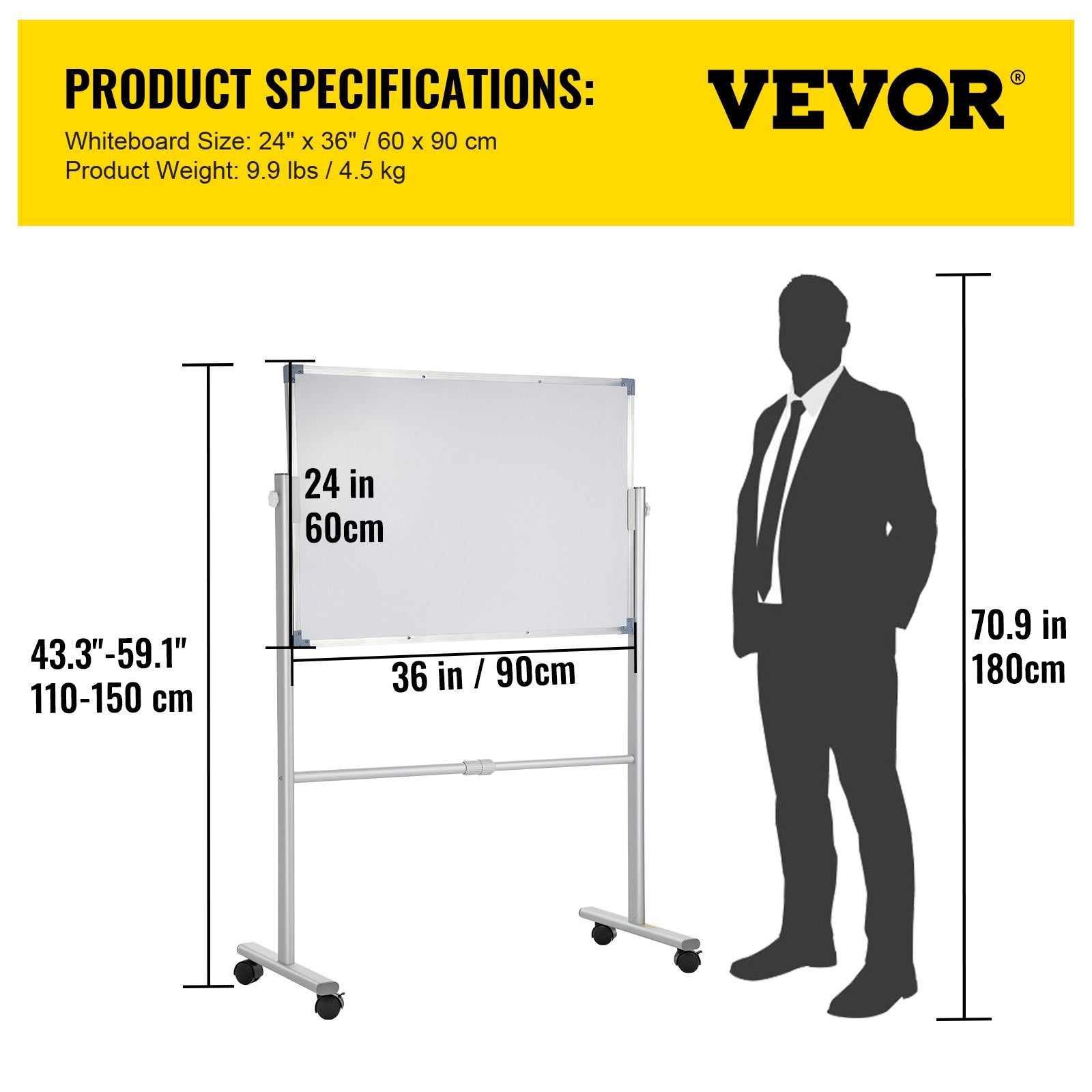 VEVOR Mobile Magnetic Whiteboard, 36 x 24 Inch, Double Sided, 360 Degree Reversible Rolling Dry Erase Board, Height Adjustable with Aluminum Frame and Lockable Swivel Wheels, for Office School Home 