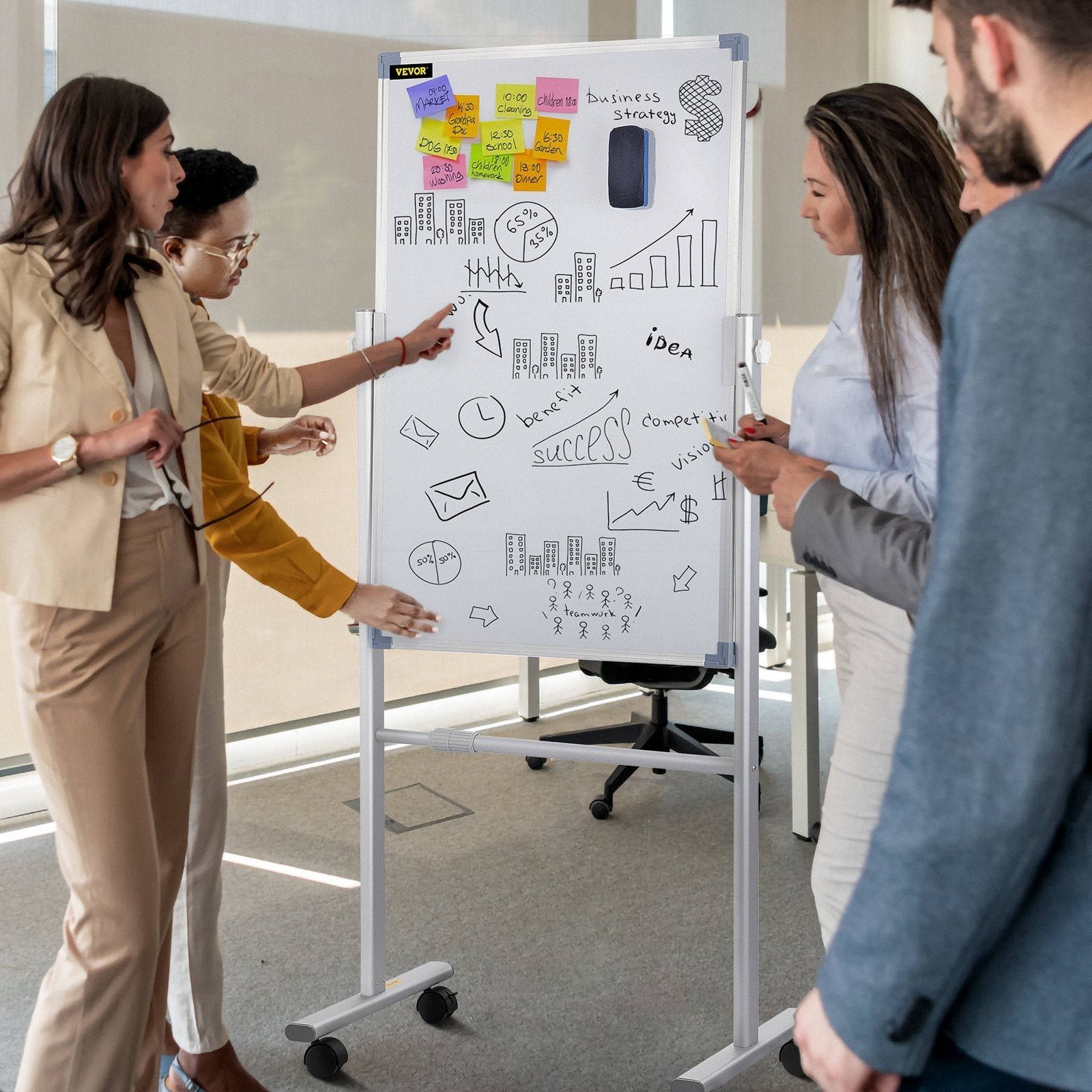 VEVOR Mobile Magnetic Whiteboard, 36 x 24 Inch, Double Sided, 360 Degree Reversible Rolling Dry Erase Board, Height Adjustable with Aluminum Frame and Lockable Swivel Wheels, for Office School Home 