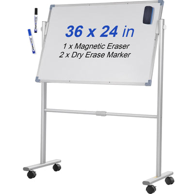 VEVOR Mobile Magnetic Whiteboard, 36 x 24 Inch, Double Sided, 360 Degree Reversible Rolling Dry Erase Board, Height Adjustable with Aluminum Frame and Lockable Swivel Wheels, for Office School Home 