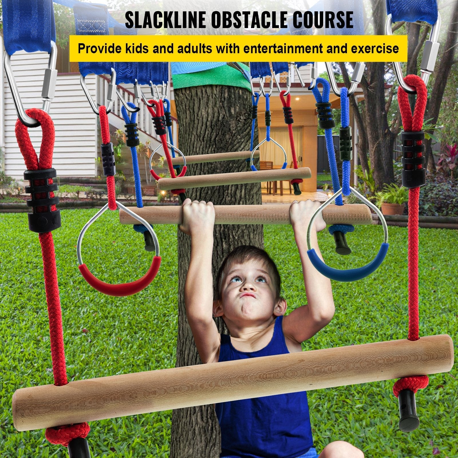 VEVOR Warrior Course, 80ft Slackline Obstacle Course, obstacle course for kids w/ 250lb Max Capacity, Slackline Training Line w/ Hanging Activities Accessories, Obstacle Course Equipment for Backyard 
