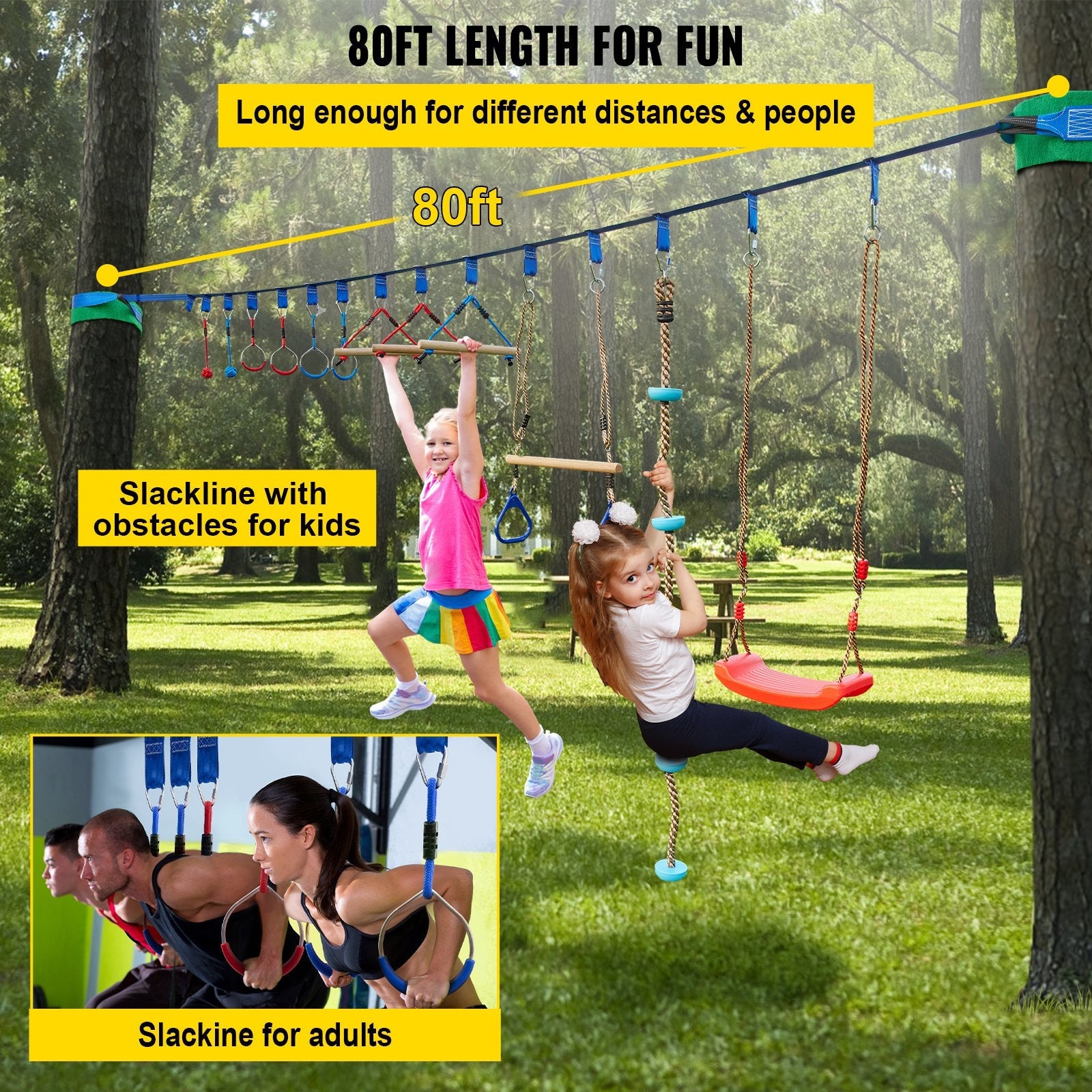 VEVOR Warrior Course, 80ft Slackline Obstacle Course, obstacle course for kids w/ 250lb Max Capacity, Slackline Training Line w/ Hanging Activities Accessories, Obstacle Course Equipment for Backyard 