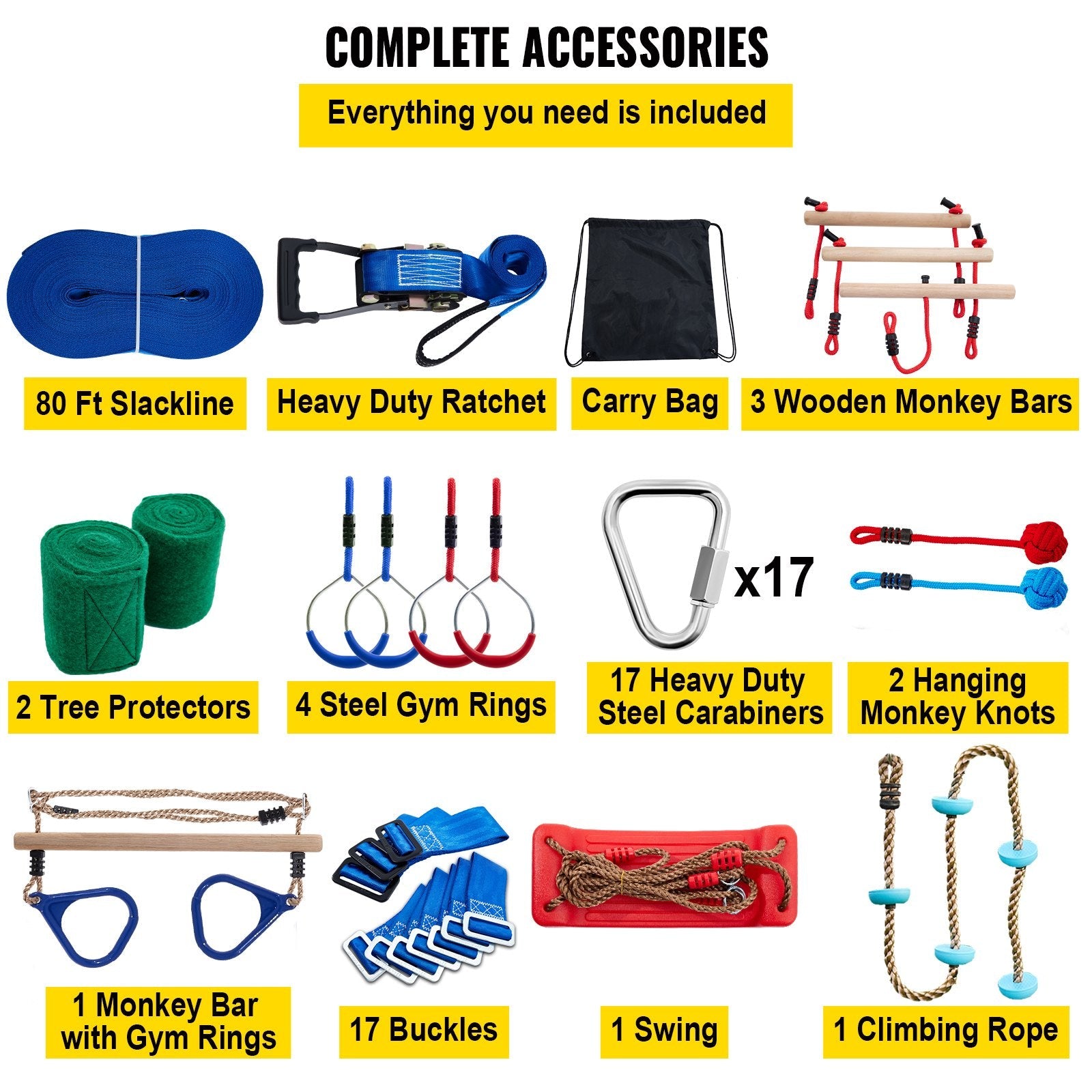 VEVOR Warrior Course, 80ft Slackline Obstacle Course, obstacle course for kids w/ 250lb Max Capacity, Slackline Training Line w/ Hanging Activities Accessories, Obstacle Course Equipment for Backyard 