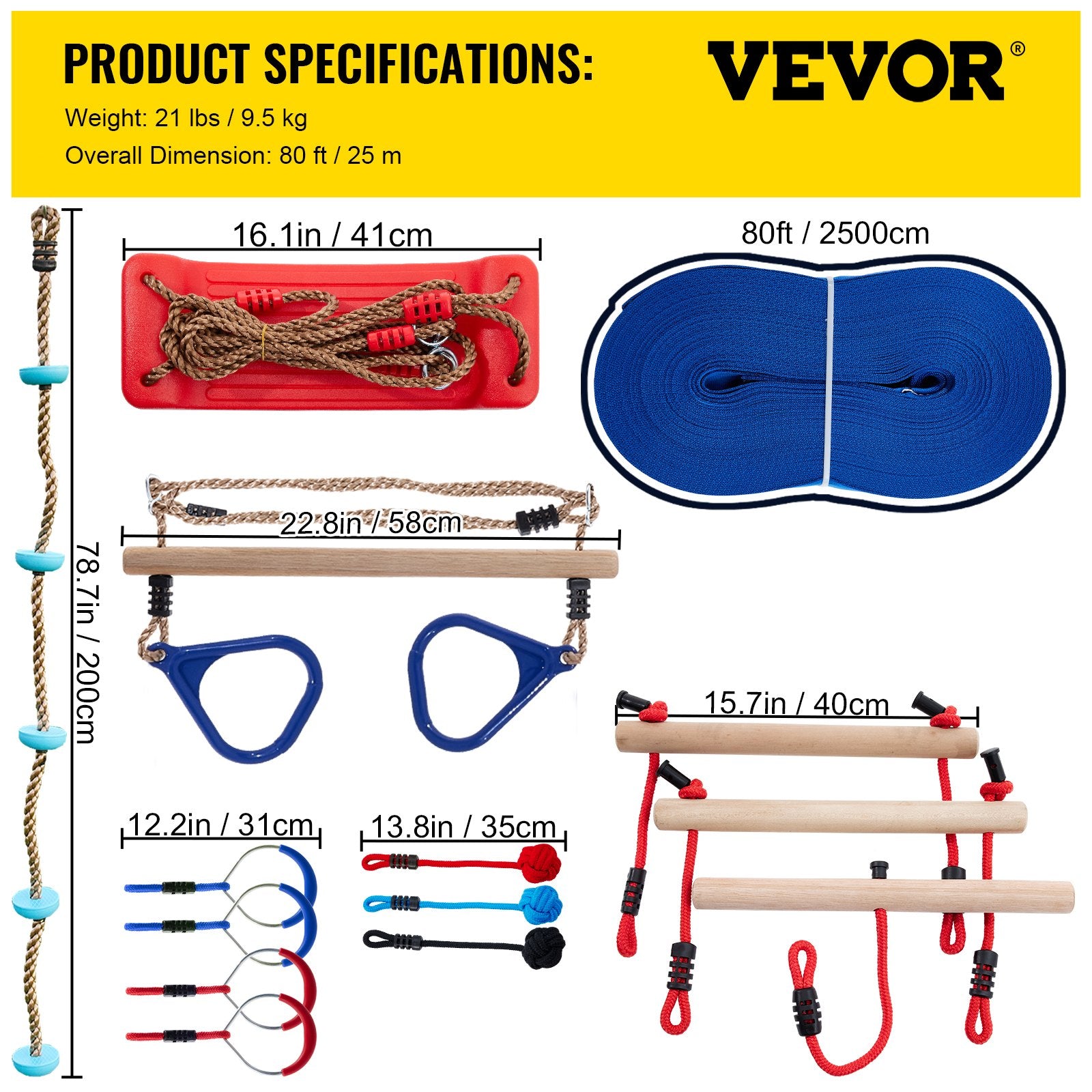 VEVOR Warrior Course, 80ft Slackline Obstacle Course, obstacle course for kids w/ 250lb Max Capacity, Slackline Training Line w/ Hanging Activities Accessories, Obstacle Course Equipment for Backyard 