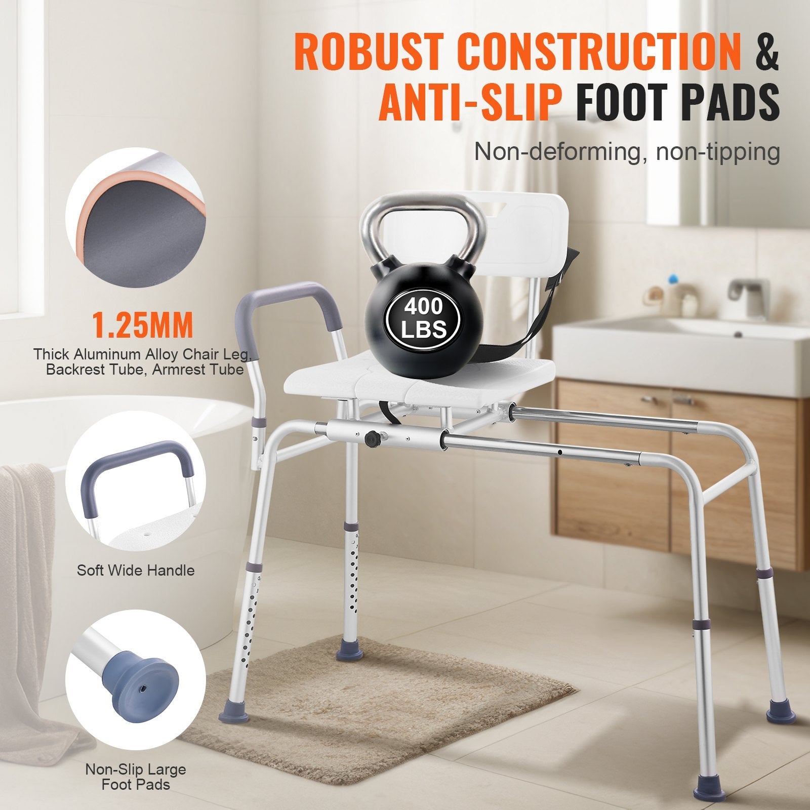 VEVOR Sliding Tub Transfer Bench Shower Chair & Cut-Out Seat Reversible Backrest 