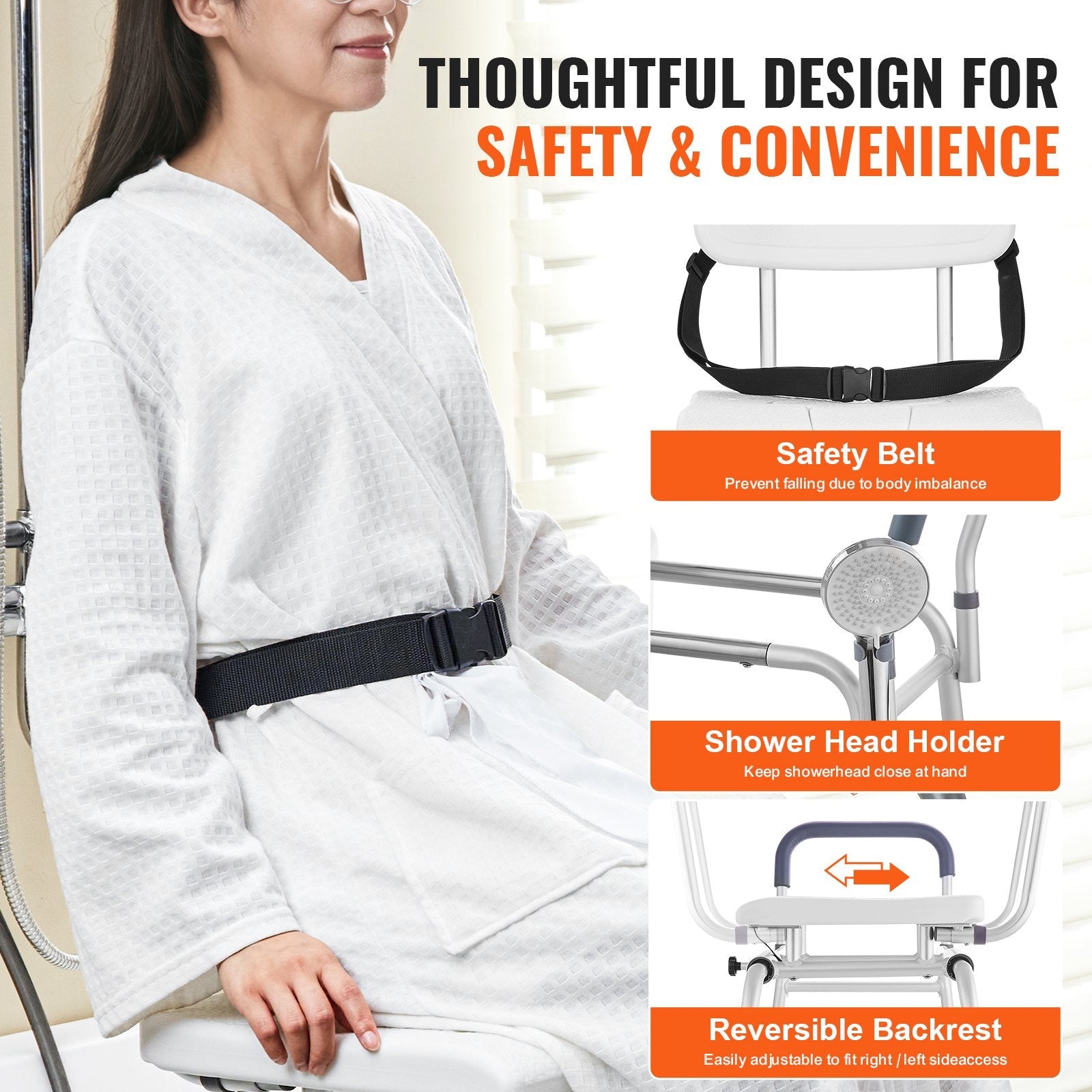 VEVOR Sliding Tub Transfer Bench Shower Chair & Cut-Out Seat Reversible Backrest 
