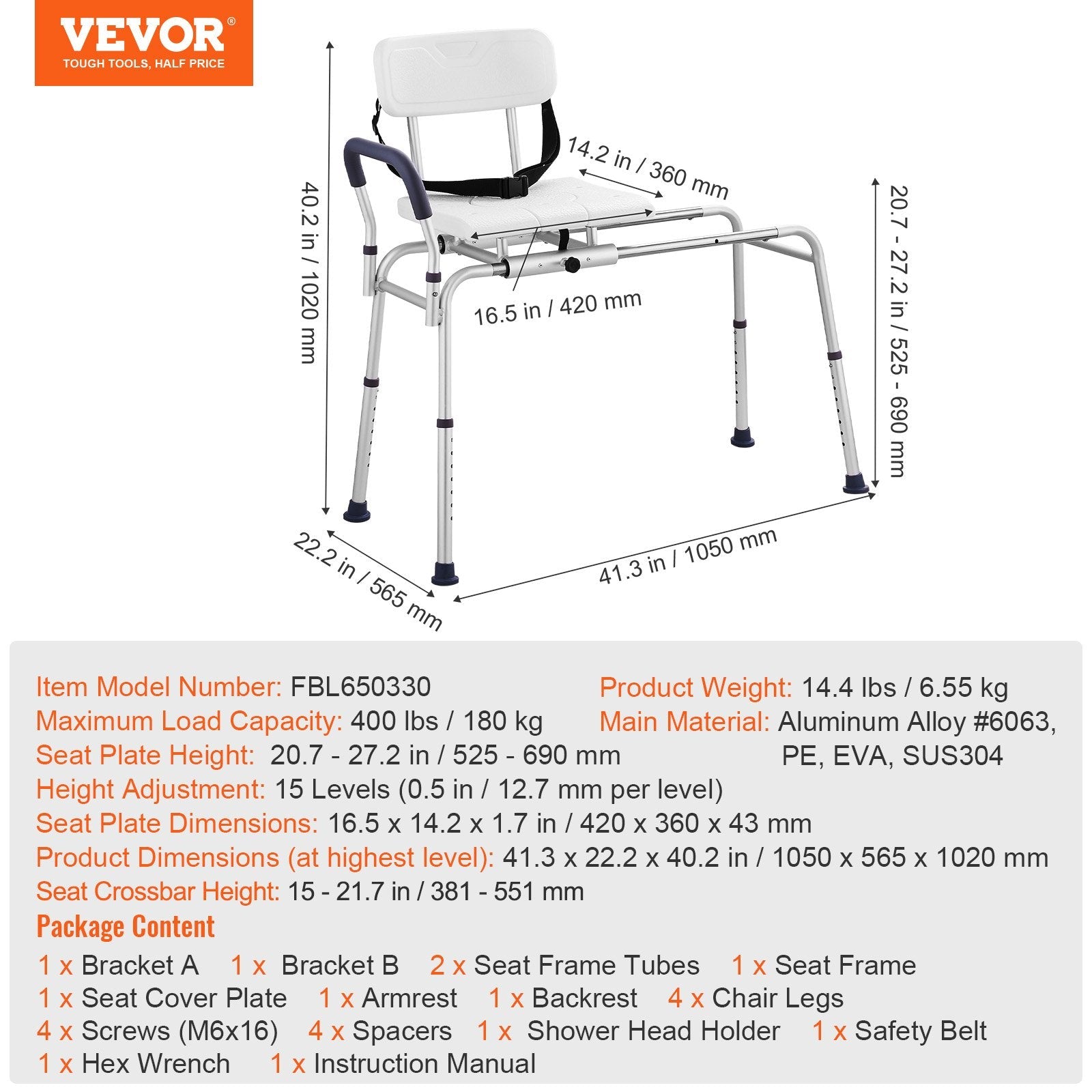 VEVOR Sliding Tub Transfer Bench Shower Chair & Cut-Out Seat Reversible Backrest 