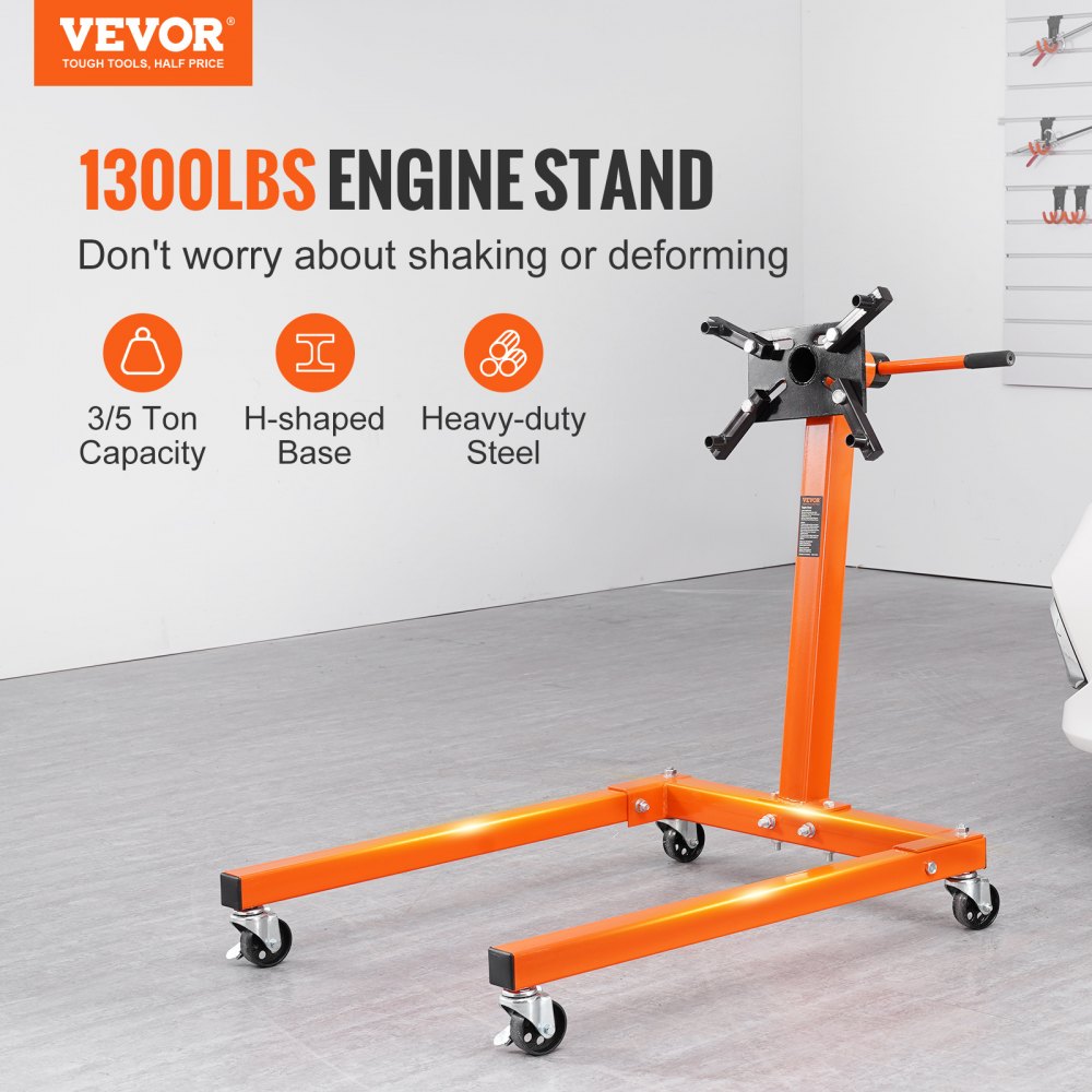 VEVOR Engine Stand, 1300LBS Rotating Engine Stand with 360 Degree Adjustable Head, Steel Engine Block Stand with Tray, 4-Caster, 4 Adjustable Arms, for Vehicle Maintenance 