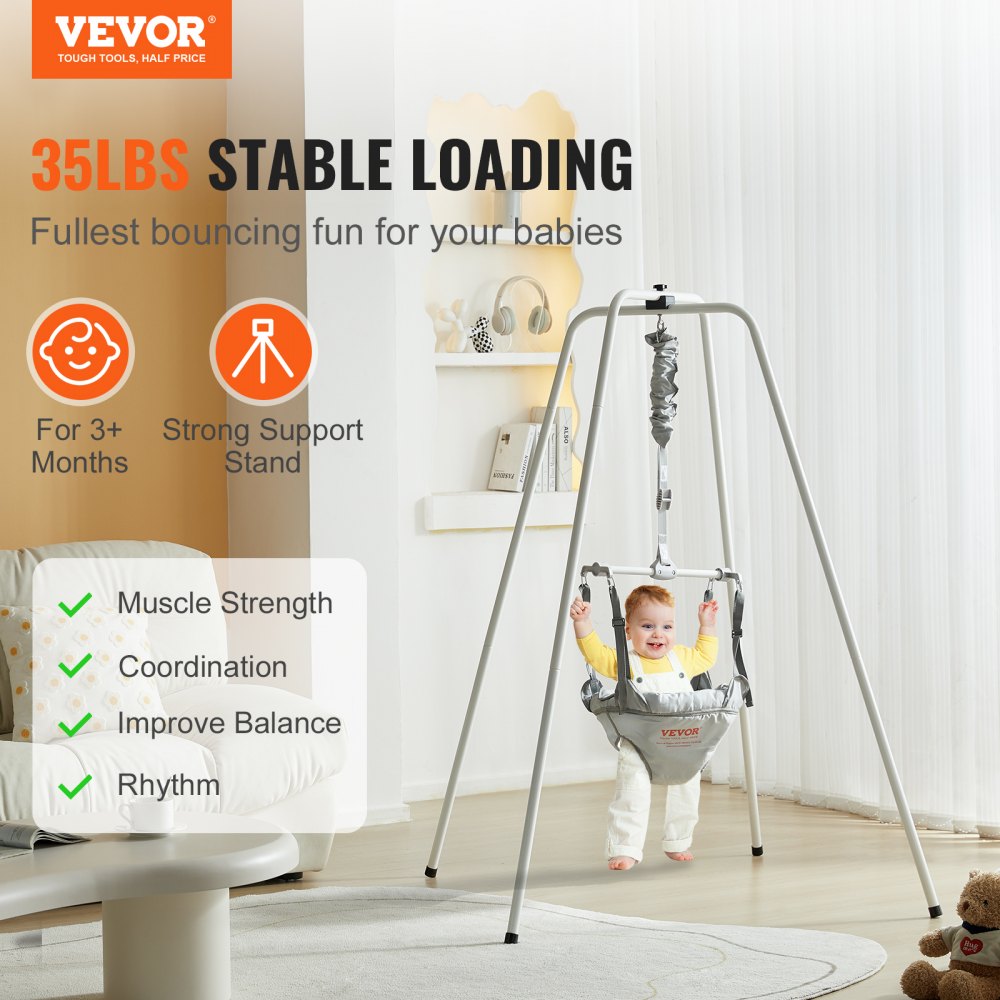 VEVOR Baby Jumper with Stand, Height-Adjustable Baby Jumpers and Bouncers, 35LBS Loading Toddler Infant Jumper for 3+ Months, Quick-Folding Indoor/Outdoor Jumper Exerciser Gift for Babies 