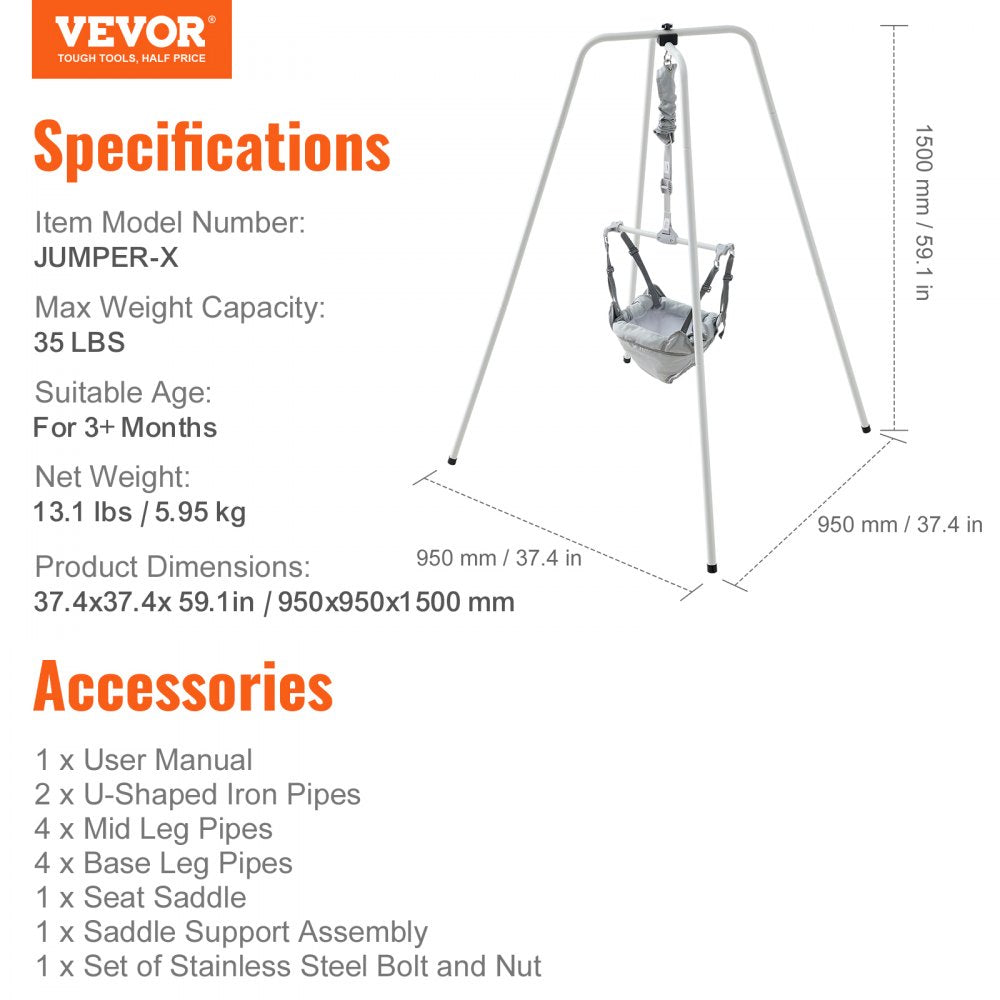 VEVOR Baby Jumper with Stand, Height-Adjustable Baby Jumpers and Bouncers, 35LBS Loading Toddler Infant Jumper for 3+ Months, Quick-Folding Indoor/Outdoor Jumper Exerciser Gift for Babies 