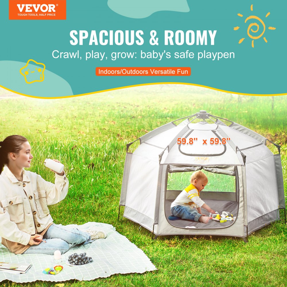 VEVOR Baby Playpen with Canopy, 59.8"x59.8" Indoor/Outdoor Portable Playpen for Babies and Toddlers, Lightweight & Foldable, Pop Up Toddler Play Yard with 3 Sun-Shades, Travel Bag for Beach Home Park 