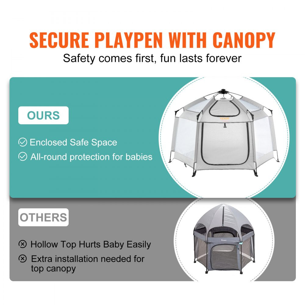 VEVOR Baby Playpen with Canopy, 59.8"x59.8" Indoor/Outdoor Portable Playpen for Babies and Toddlers, Lightweight & Foldable, Pop Up Toddler Play Yard with 3 Sun-Shades, Travel Bag for Beach Home Park 
