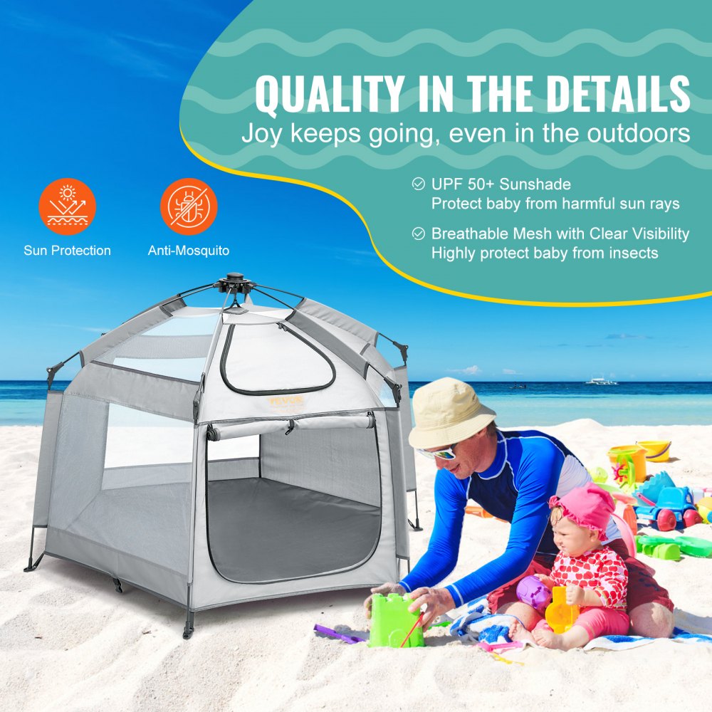 VEVOR Baby Playpen with Canopy, 59.8"x59.8" Indoor/Outdoor Portable Playpen for Babies and Toddlers, Lightweight & Foldable, Pop Up Toddler Play Yard with 3 Sun-Shades, Travel Bag for Beach Home Park 