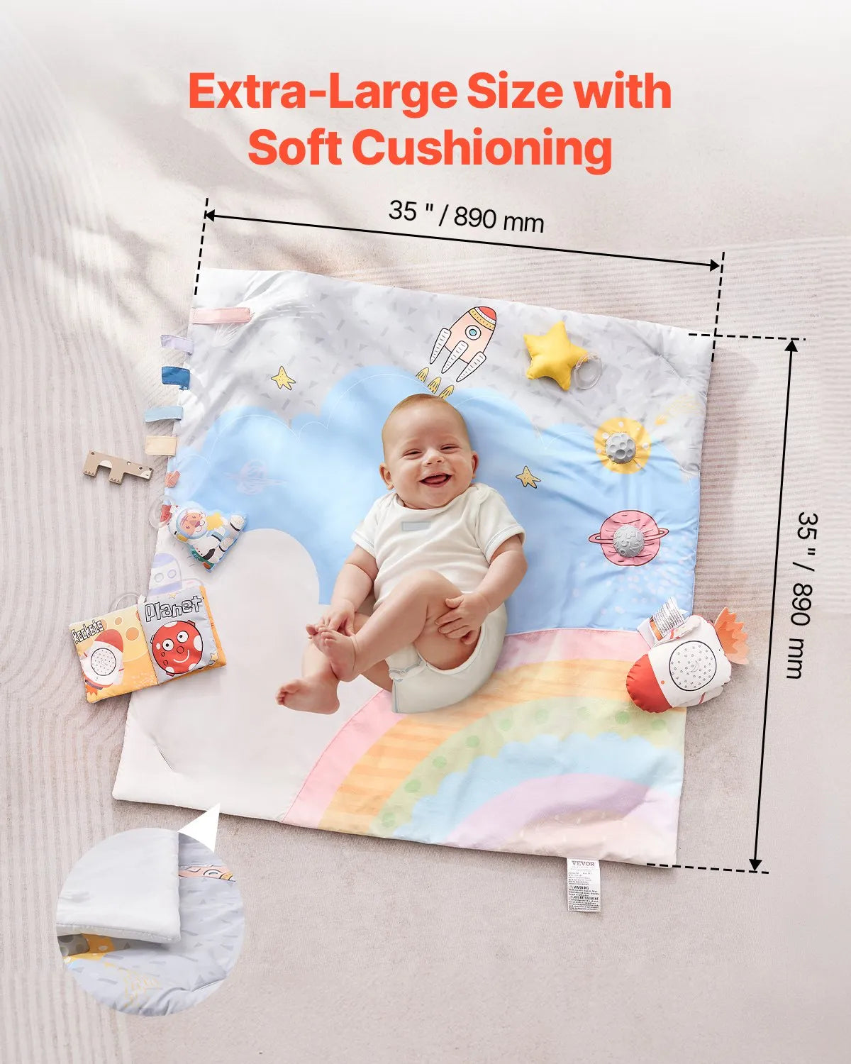 VEVOR Baby Play Gym Mat Tummy Time Activity Mat with 6 Sensory Toy 35.0" x 35.0"