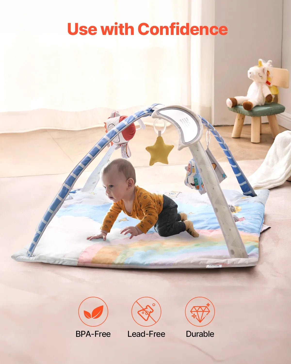 VEVOR Baby Play Gym Mat Tummy Time Activity Mat with 6 Sensory Toy 35.0" x 35.0"