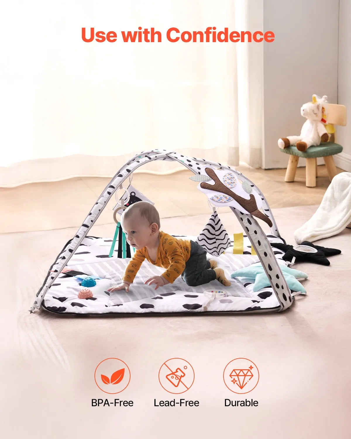 VEVOR Baby Play Gym Mat Tummy Time Activity Mat with 6 Sensory Toy 34.4" x 34.4"