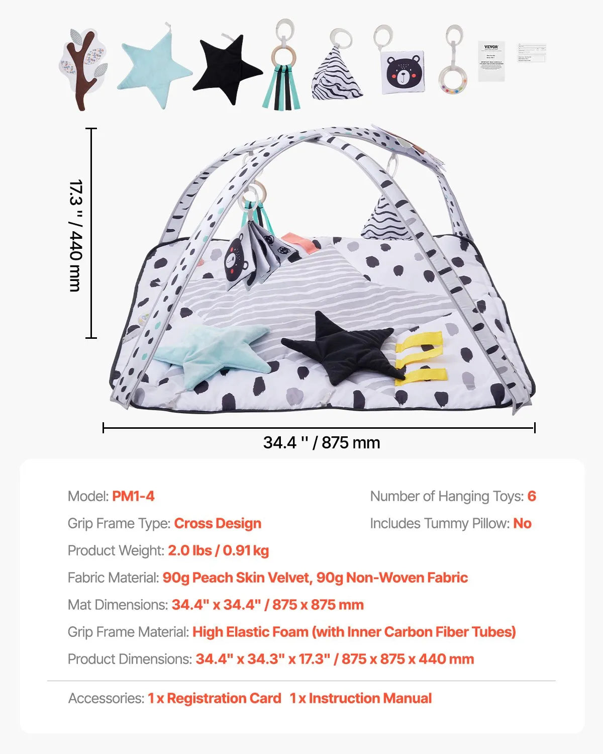 VEVOR Baby Play Gym Mat Tummy Time Activity Mat with 6 Sensory Toy 34.4" x 34.4"