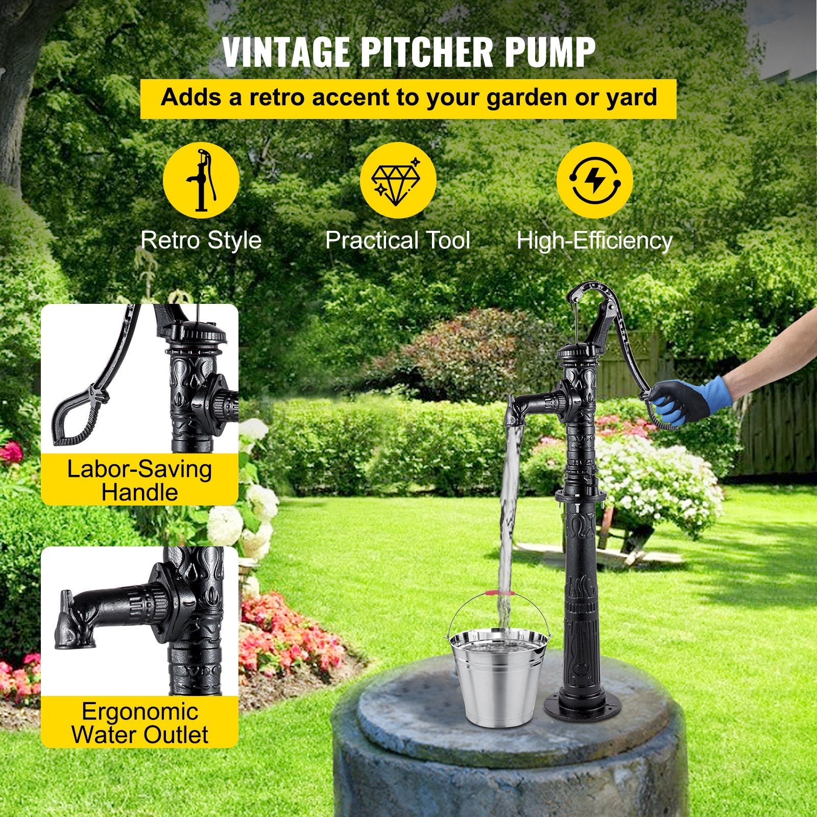 VEVOR Hand Water Pump w/ Stand, 15.7 x 9.4 x 53.1 inch Pitcher Pump & 26 inch Pump Stand w/ Pre-set 1/2" Holes for Easy Installation, Rustic Cast Iron Well Pump for Yard, Garden, Farm Irrigation,Black 