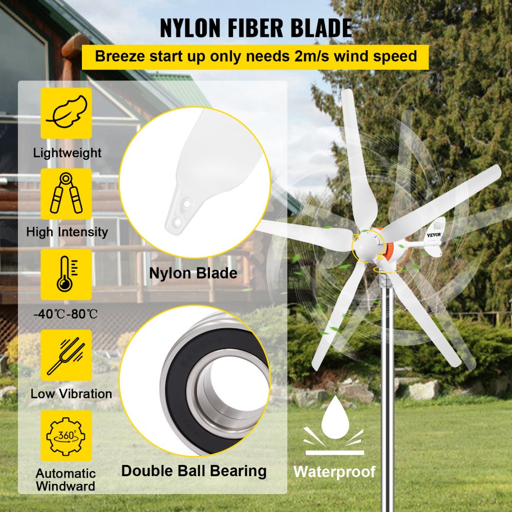 VEVOR Wind Turbine Generator, 12V/AC Wind Turbine Kit, 500W Wind Power Generator With MPPT Controller 5 Blades Auto Adjust Windward Direction Suitable for Terrace, Marine, Motor Home, Chalet, Boat 