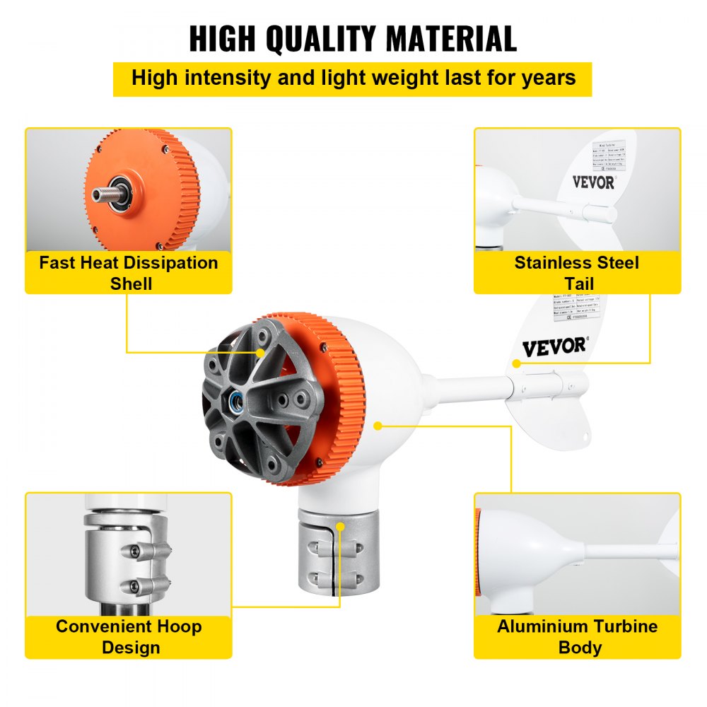 VEVOR Wind Turbine Generator, 12V/AC Wind Turbine Kit, 500W Wind Power Generator With MPPT Controller 5 Blades Auto Adjust Windward Direction Suitable for Terrace, Marine, Motor Home, Chalet, Boat 