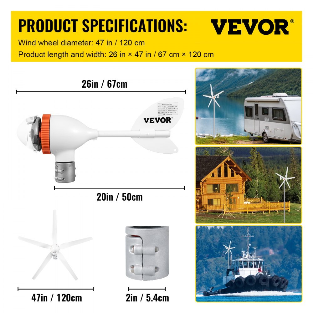 VEVOR Wind Turbine Generator, 12V/AC Wind Turbine Kit, 500W Wind Power Generator With MPPT Controller 5 Blades Auto Adjust Windward Direction Suitable for Terrace, Marine, Motor Home, Chalet, Boat 