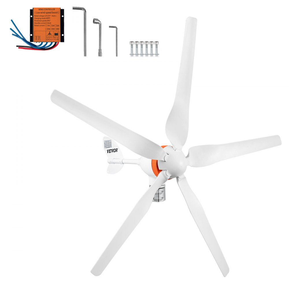 VEVOR Wind Turbine Generator, 12V/AC Wind Turbine Kit, 500W Wind Power Generator With MPPT Controller 5 Blades Auto Adjust Windward Direction Suitable for Terrace, Marine, Motor Home, Chalet, Boat 