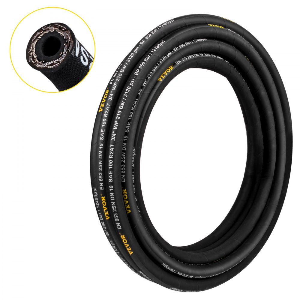 VEVOR Hydraulic Hose 1/4 inch x 100 ft, Coiled Hydraulic Hose 5800 PSI, Rubber Hydraulic Hose with 2 High-Tensile Steel Wire Braid, Bulk Hydraulic Hose -20? to 140?, Hydraulic Oil Flexible Hose 