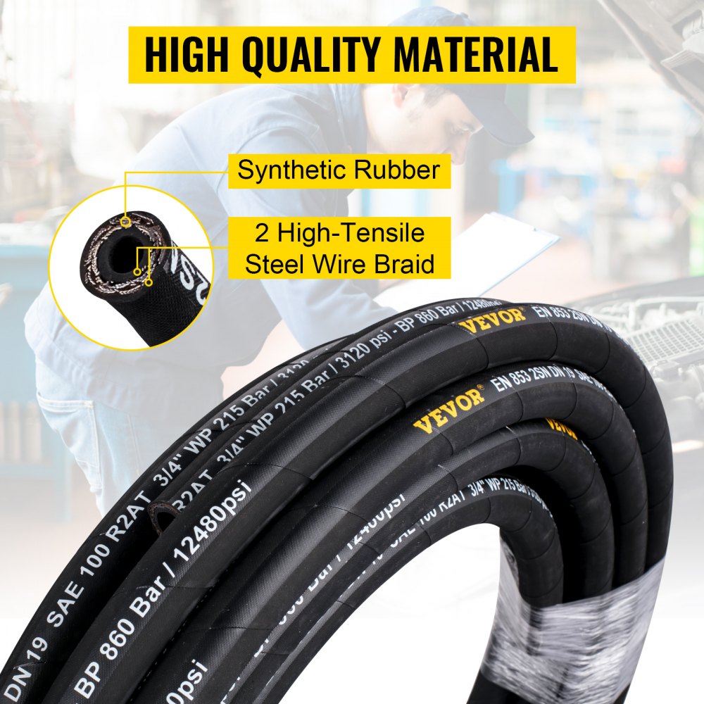 VEVOR Hydraulic Hose 1/4 inch x 100 ft, Coiled Hydraulic Hose 5800 PSI, Rubber Hydraulic Hose with 2 High-Tensile Steel Wire Braid, Bulk Hydraulic Hose -20? to 140?, Hydraulic Oil Flexible Hose 
