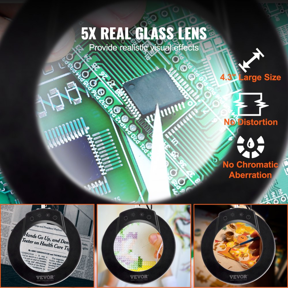 VEVOR Magnifying Glass with Light & Base 5X Magnifying Lamp 4.3 