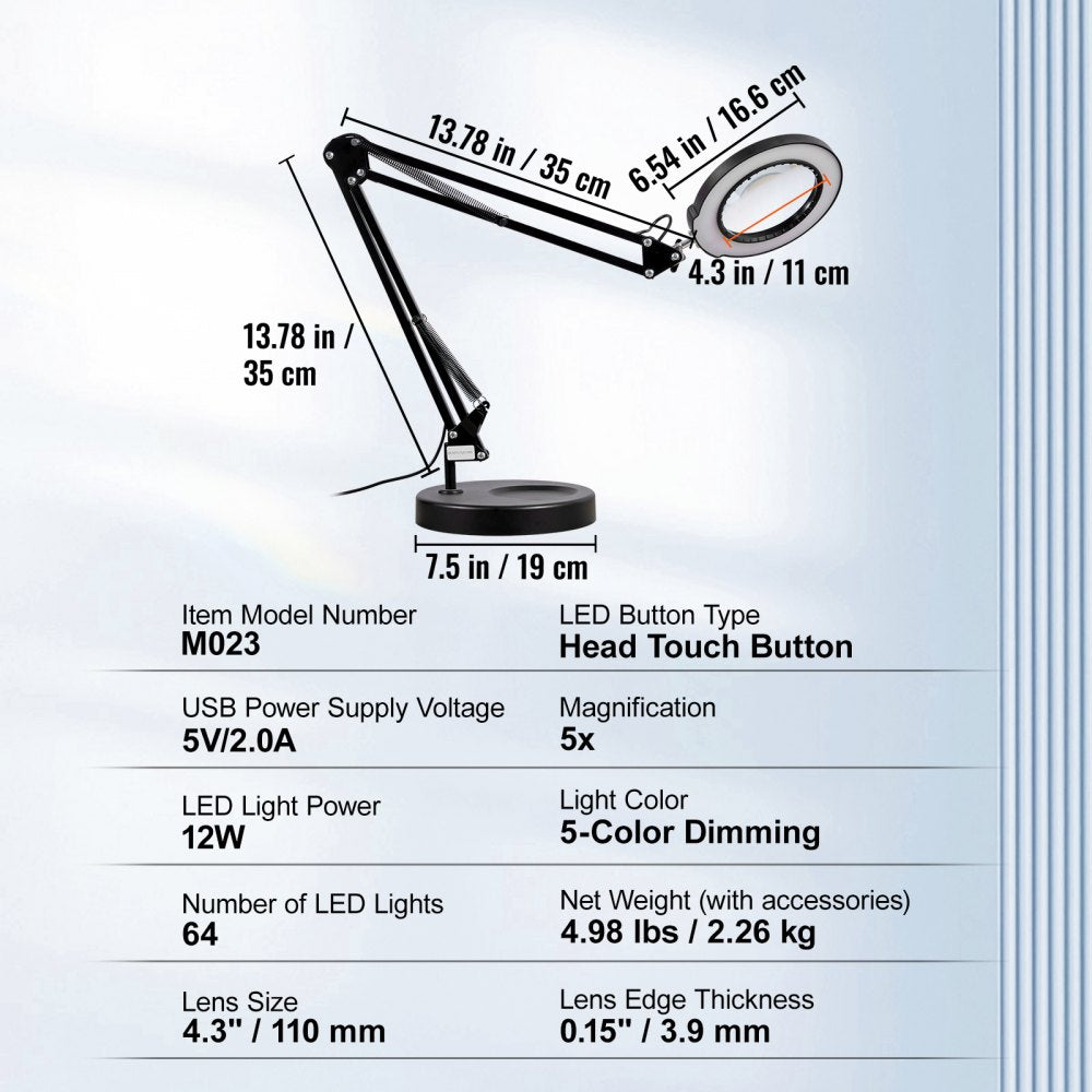 VEVOR Magnifying Glass with Light & Base 5X Magnifying Lamp 4.3 