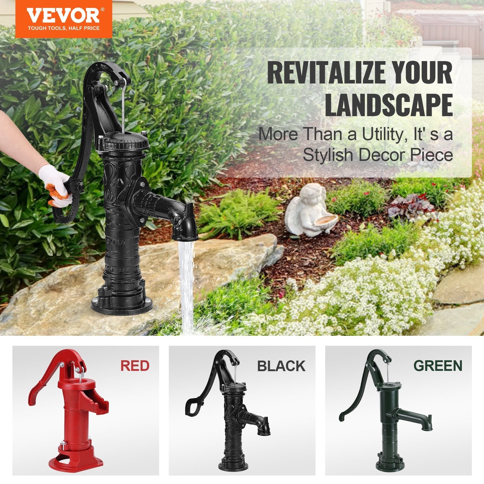 VEVOR Antique Well Hand Pitcher Pump, 22 ft Maximum Lift, Cast Iron Manual Hand Water Pump with Ergonomic Handle G1-5/8" Easy Installation, Old Fashioned for Outdoor Home Yard Garden Pond Farm, Black 