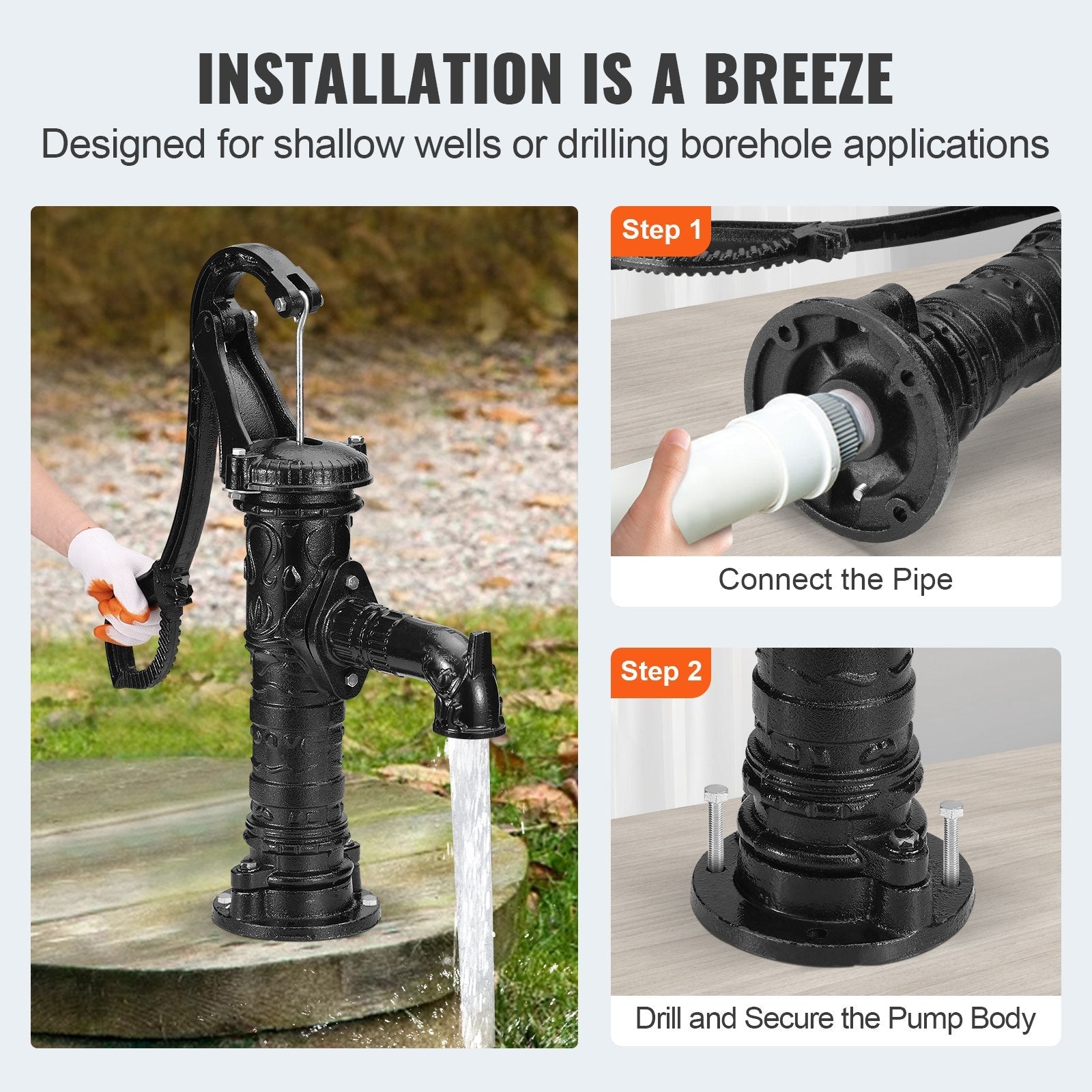 VEVOR Antique Well Hand Pitcher Pump, 22 ft Maximum Lift, Cast Iron Manual Hand Water Pump with Ergonomic Handle G1-5/8" Easy Installation, Old Fashioned for Outdoor Home Yard Garden Pond Farm, Black 
