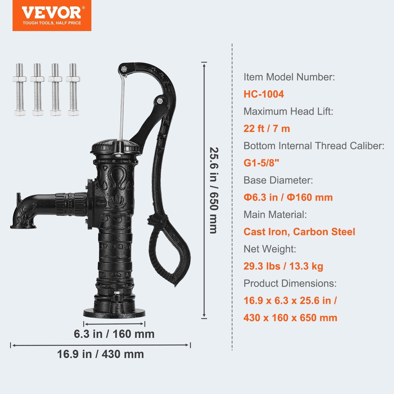 VEVOR Antique Well Hand Pitcher Pump, 22 ft Maximum Lift, Cast Iron Manual Hand Water Pump with Ergonomic Handle G1-5/8" Easy Installation, Old Fashioned for Outdoor Home Yard Garden Pond Farm, Black 