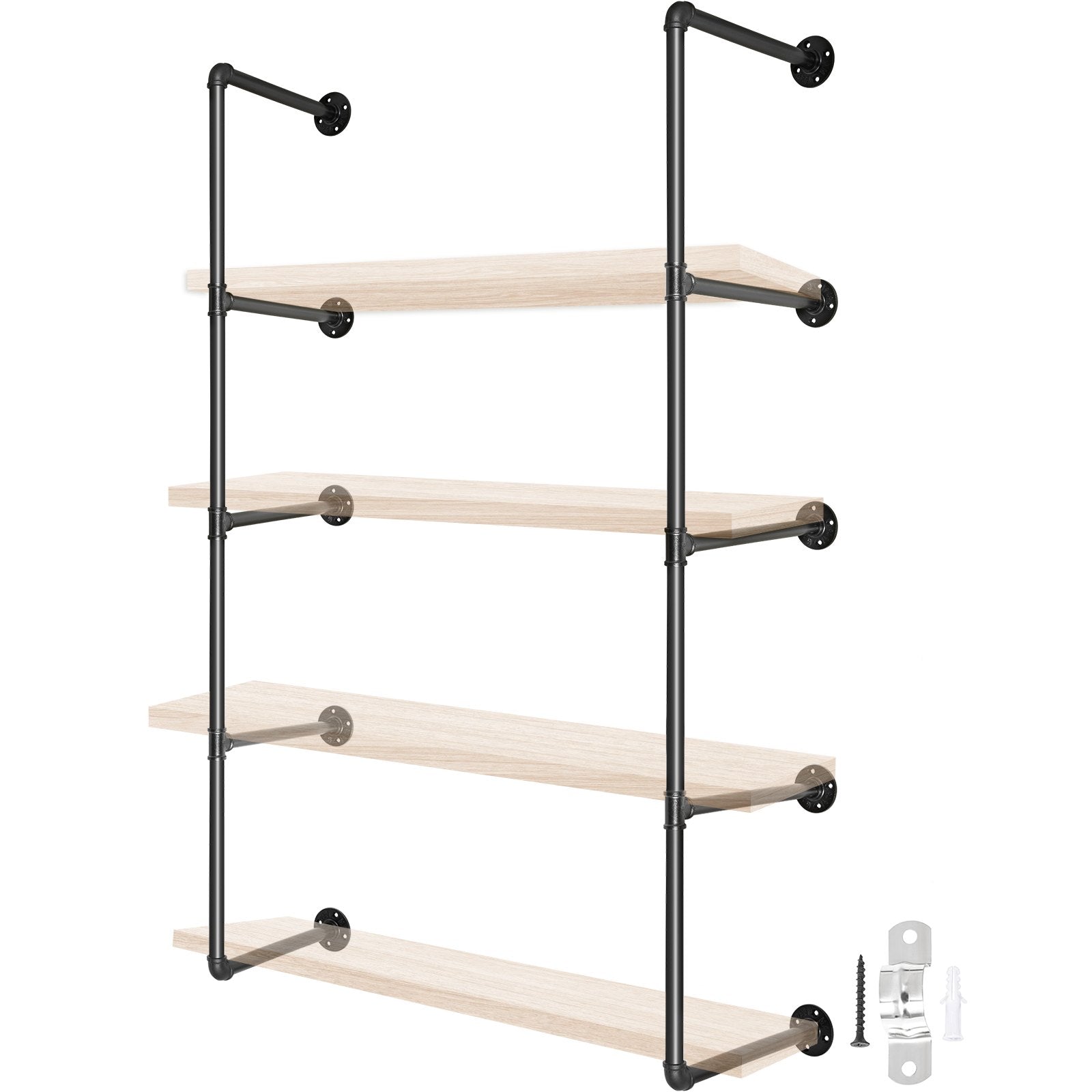 VEVOR Industrial Pipe Shelves 4-Tier Wall Mount Iron Pipe Shelves 2 PCS Pipe Shelving Vintage Black DIY Pipe Bookshelf Each Holds 44lbs Open Kitchen Shelving for Bedroom & Living Room W/Accessories 