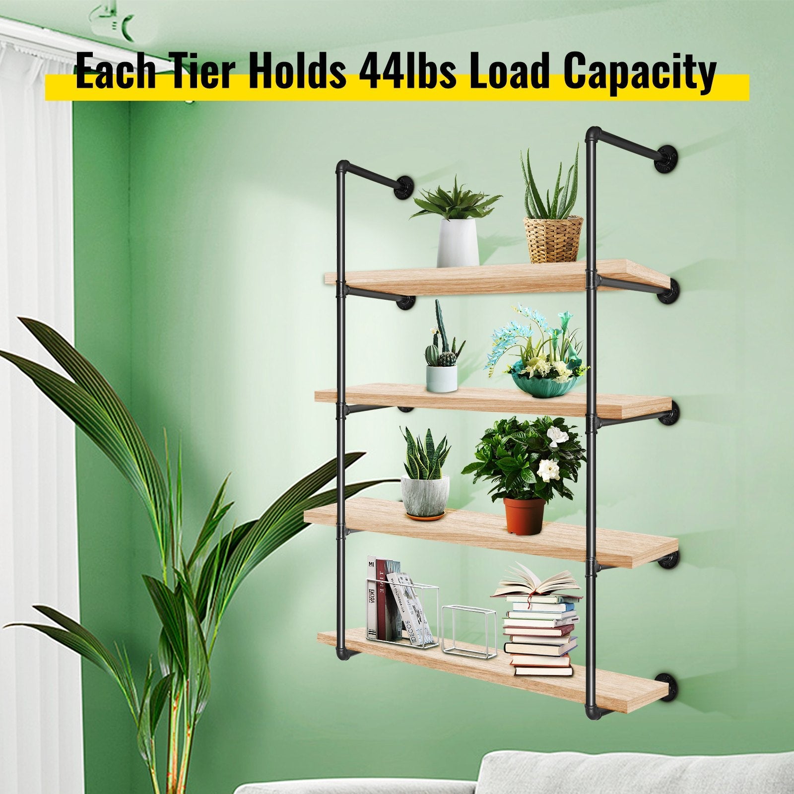 VEVOR Industrial Pipe Shelves 4-Tier Wall Mount Iron Pipe Shelves 2 PCS Pipe Shelving Vintage Black DIY Pipe Bookshelf Each Holds 44lbs Open Kitchen Shelving for Bedroom & Living Room W/Accessories 