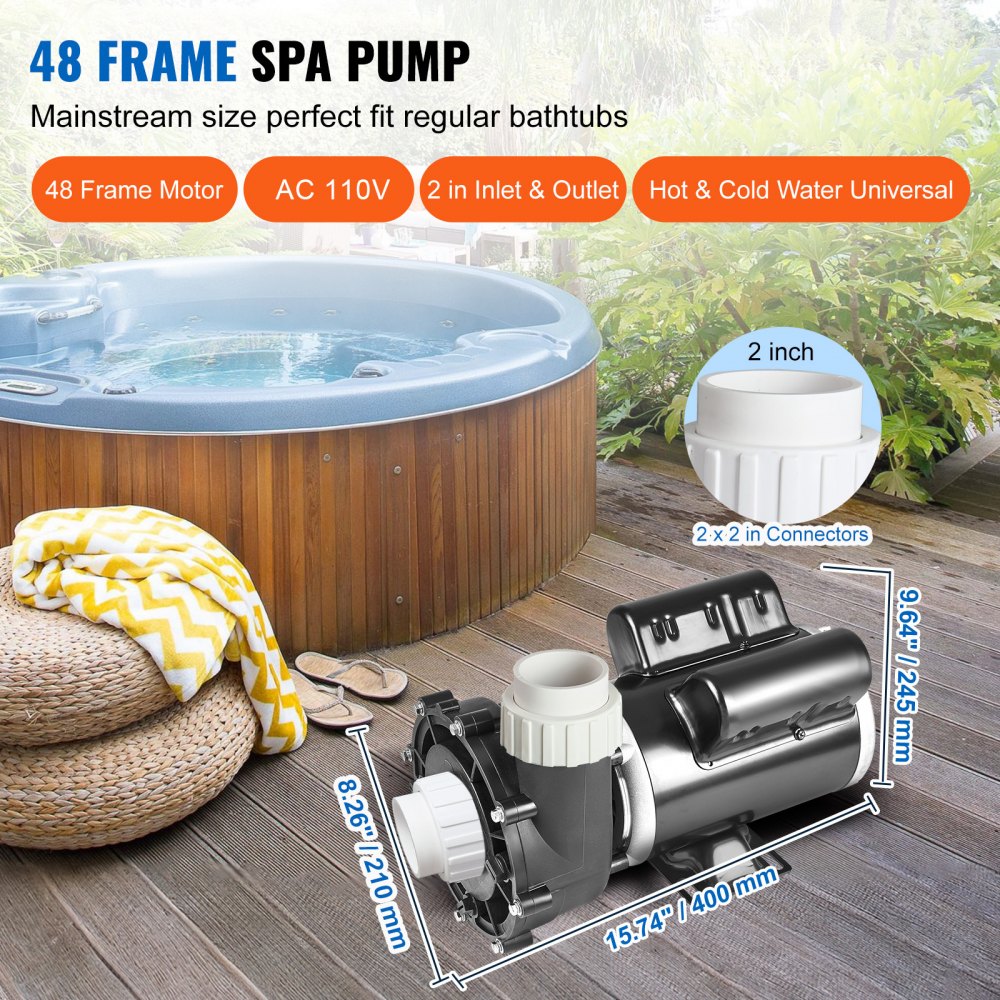 VEVOR 2 Speed SPA Pump, 48-Frame, AC 110-120V Hot Tub SPA Pump, 1.5HP/150GPM/42.65ft High Speed or 0.46HP/70GPM/9.18ft Low Speed, 2" Port 90° Rotational Interface for Hot Tub, Tested to UL Standards 