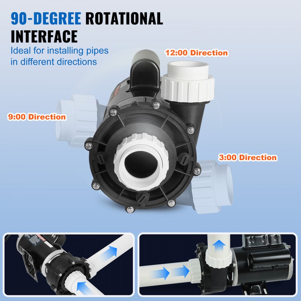 VEVOR 2 Speed SPA Pump, 48-Frame, AC 110-120V Hot Tub SPA Pump, 1.5HP/150GPM/42.65ft High Speed or 0.46HP/70GPM/9.18ft Low Speed, 2" Port 90° Rotational Interface for Hot Tub, Tested to UL Standards 