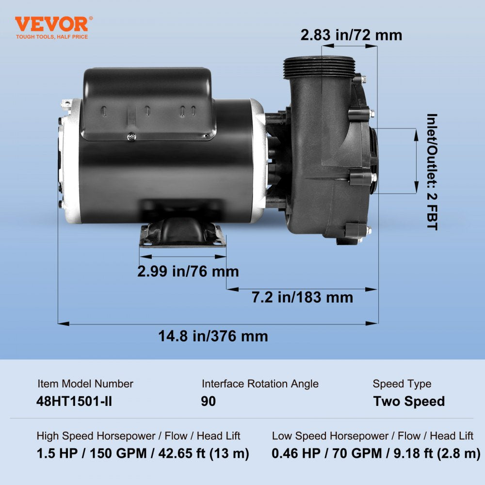 VEVOR 2 Speed SPA Pump, 48-Frame, AC 110-120V Hot Tub SPA Pump, 1.5HP/150GPM/42.65ft High Speed or 0.46HP/70GPM/9.18ft Low Speed, 2" Port 90° Rotational Interface for Hot Tub, Tested to UL Standards 