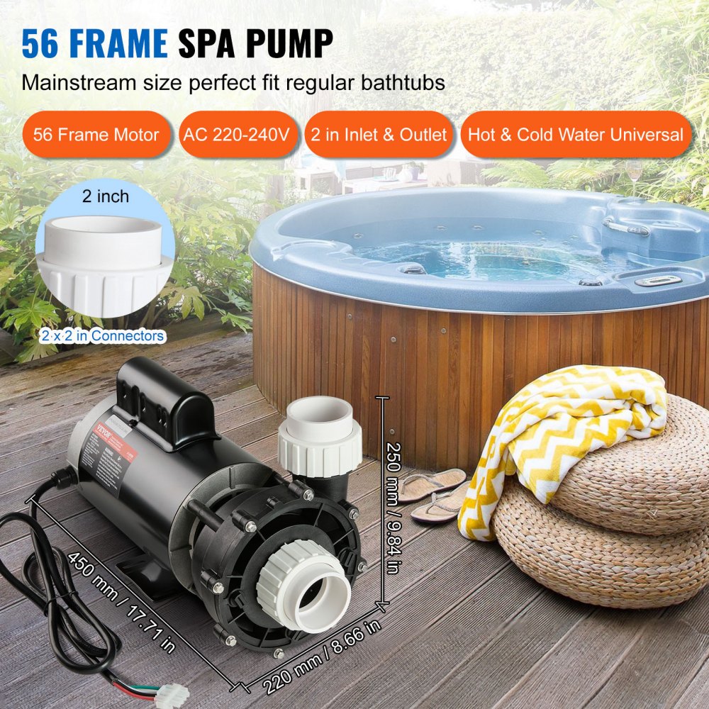 VEVOR 2 Speed SPA Pump, 56-Frame, AC 220-240V Hot Tub SPA Pump, 3HP/200GPM/65.61ft High Speed or 0.4HP/100GPM/16.07ft Low Speed, 2" Port 90° Rotational Interface for Hot Tub, Tested to UL Standards 