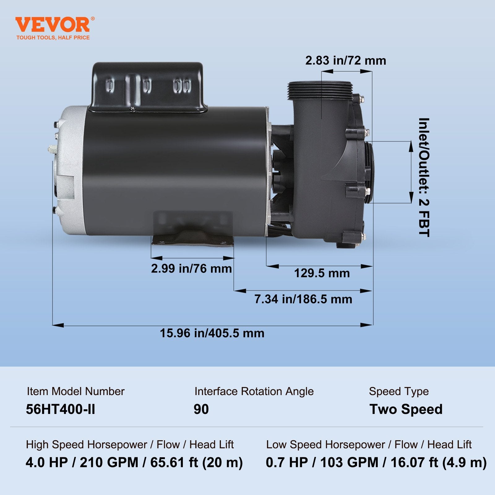VEVOR 2 Speed SPA Pump, 56-Frame, AC 220-240V Hot Tub SPA Pump, 4HP/210GPM/65.61ft High Speed or 0.7HP/103GPM/16.07ft Low Speed, 2" Port 90° Rotational Interface for Hot Tub, Tested to UL Standards 