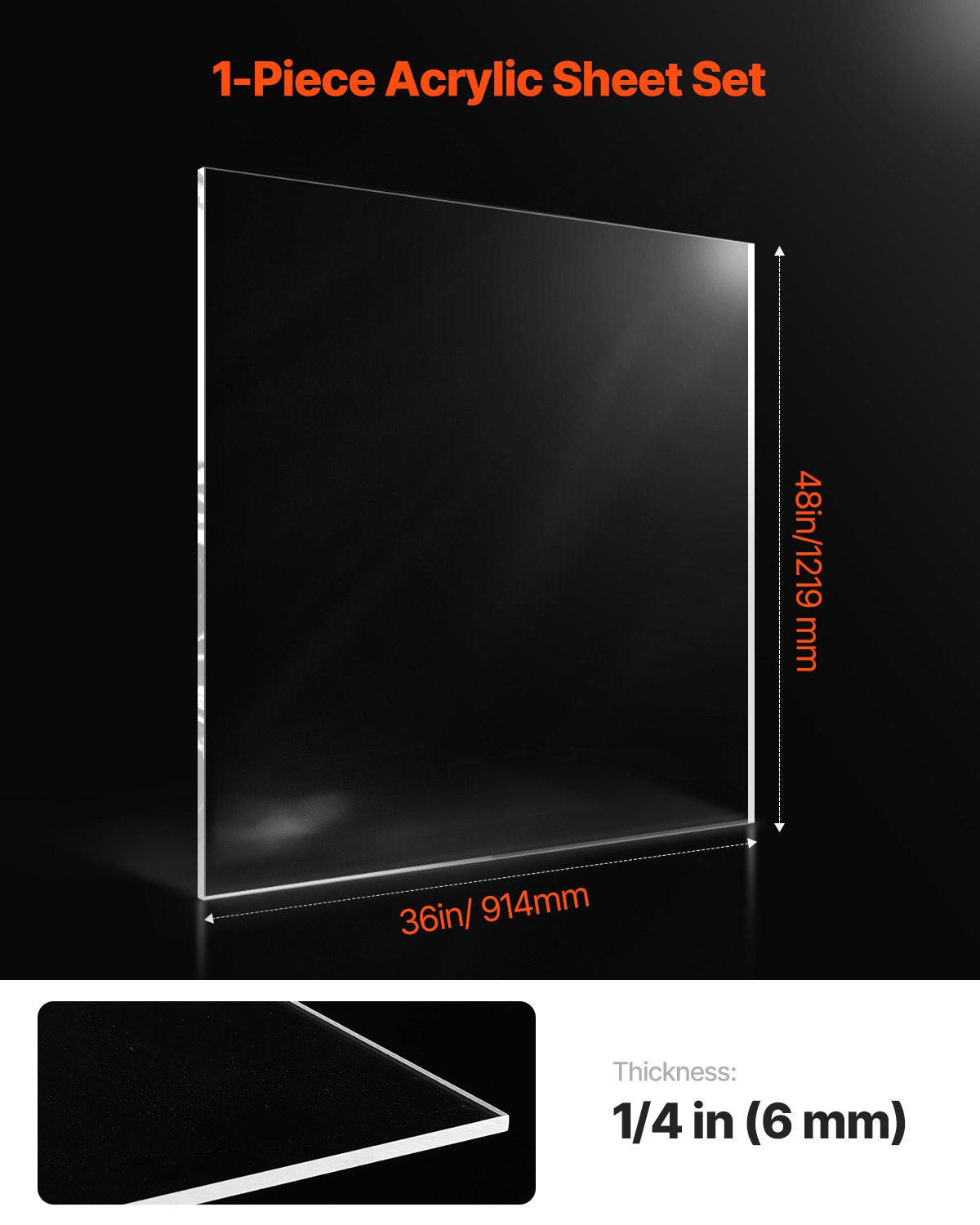 VEVOR 1-Pack Plexiglass Acrylic Sheet 36 x 48 Inch Plastic Sheet 1/4 Inch Thick 