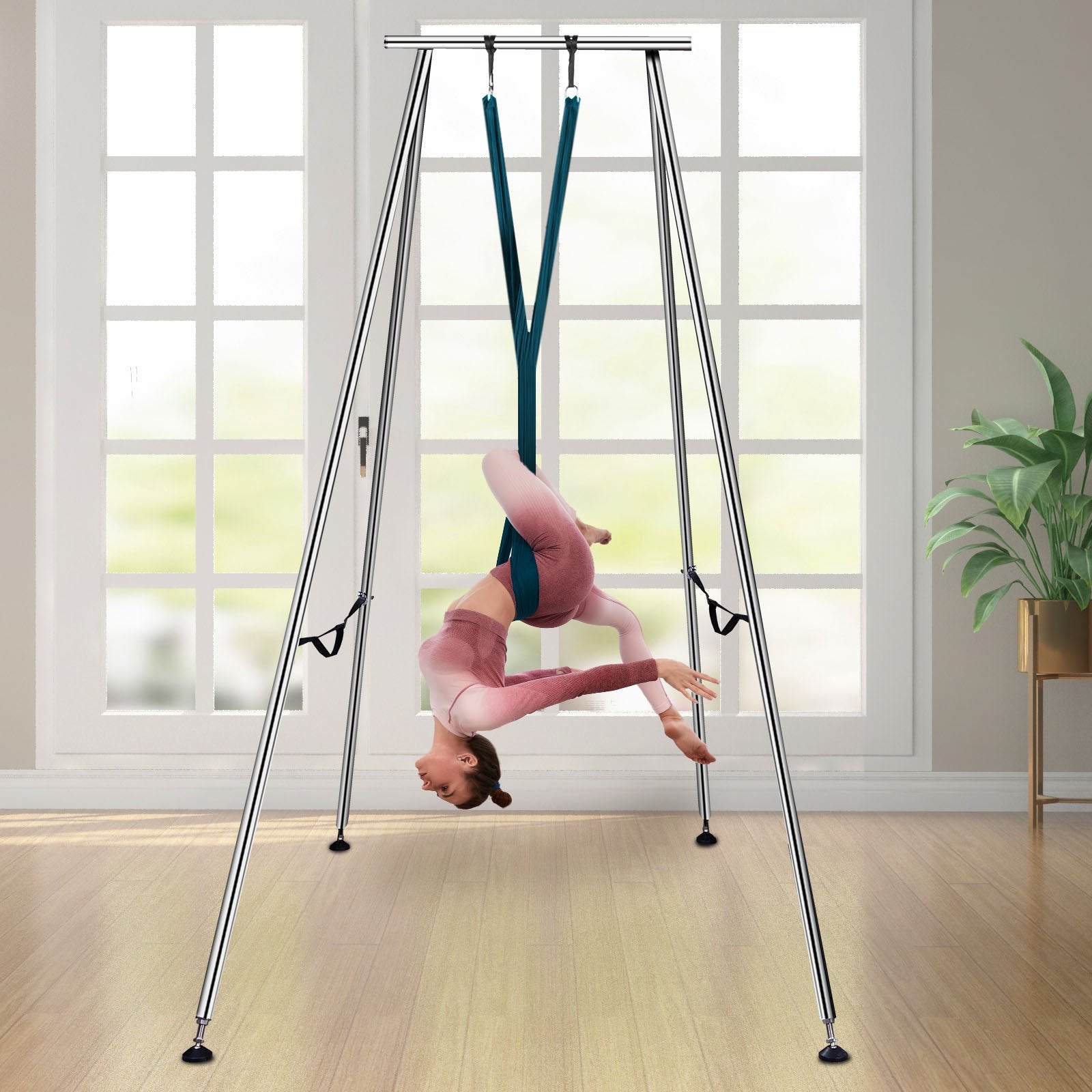 VEVOR Yoga Sling Inversion, 9.6 FT Height Inversion Yoga Swing Stand,Max Capacity 551lbs/250kg Aerial Yoga Frame with 236in/6m Yoga Swing Inversion Sling Body Bundle Safety Belts (Green, 19.6ft) 
