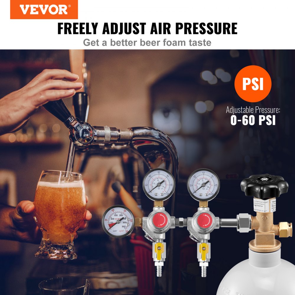 VEVOR Triple Gauge Regulator, CO2 Regulator Gauge with 0-60PSI, Heavy Duty CO2 Gauge Gas System, Draft Beer Regulator with Check Valve, Adjustable Pressure Regulator for Draft Beer Homebrew, CGA320 