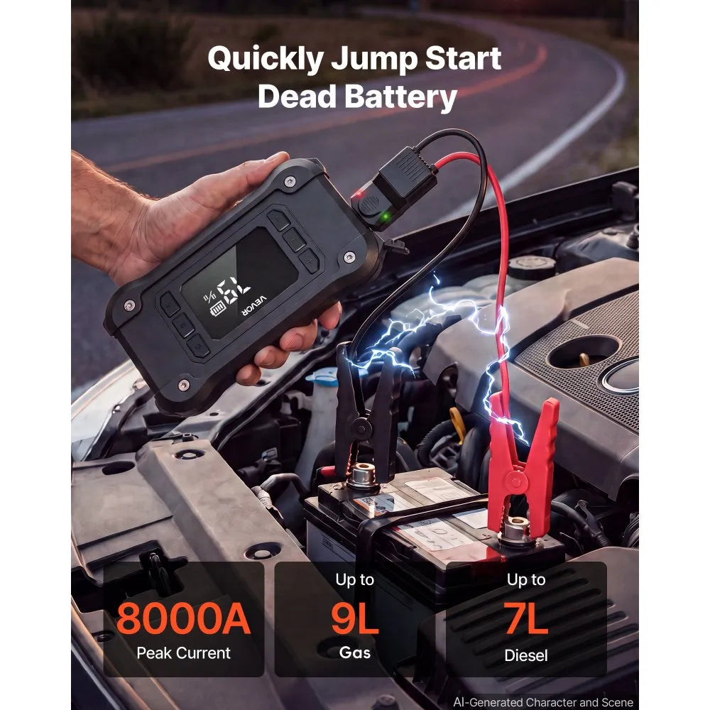 8000A Portable Car Jump Starter with 150 PSI Air Compressor, 16000mAh Power Bank & LED Flashlight