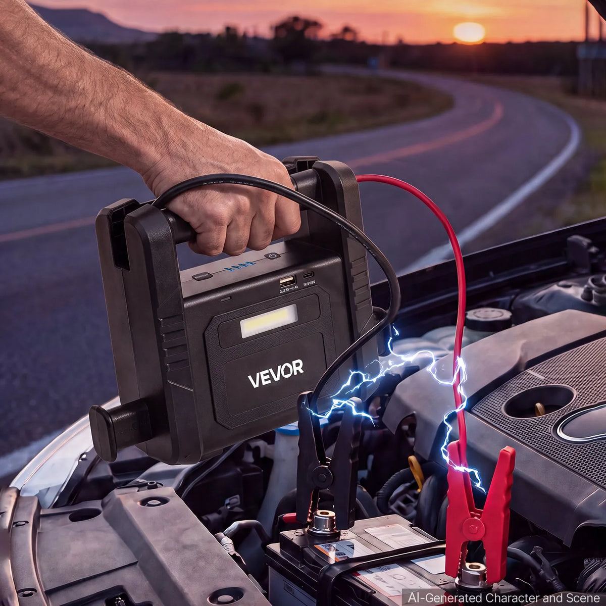 6000A Portable Car Jump Starter, 24000mAh Battery Booster with USB Power Bank & 3-Mode LED Flashlight