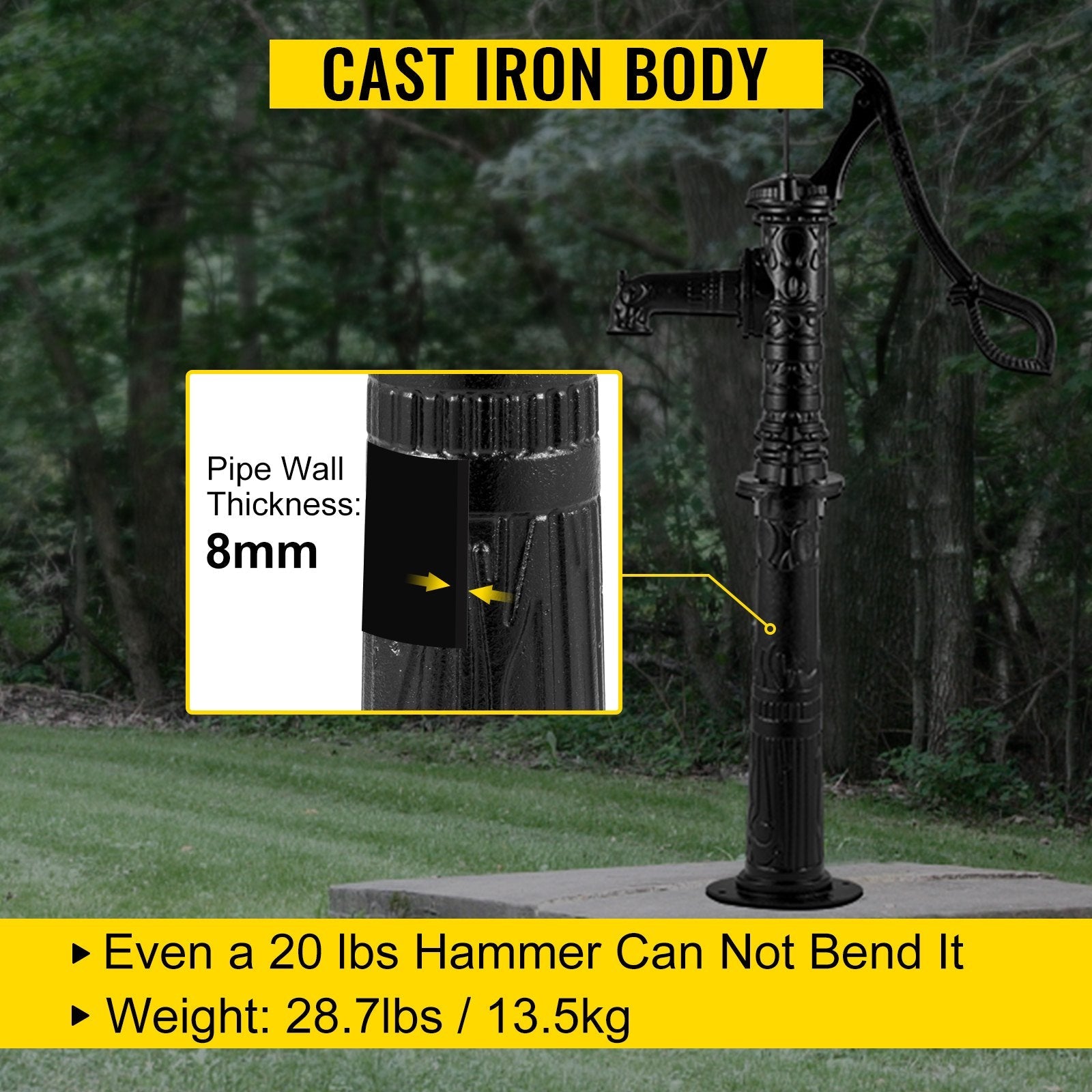 VEVOR Antique Hand Water Pump Stand Pitcher Pump Stand Cast Iron Well Pump Stand w/Pre-set 0.5" Holes for Easy Installation Old Fashion Pitcher Hand Pump Stand for Home Yard Pond Garden Outdoors Blac 