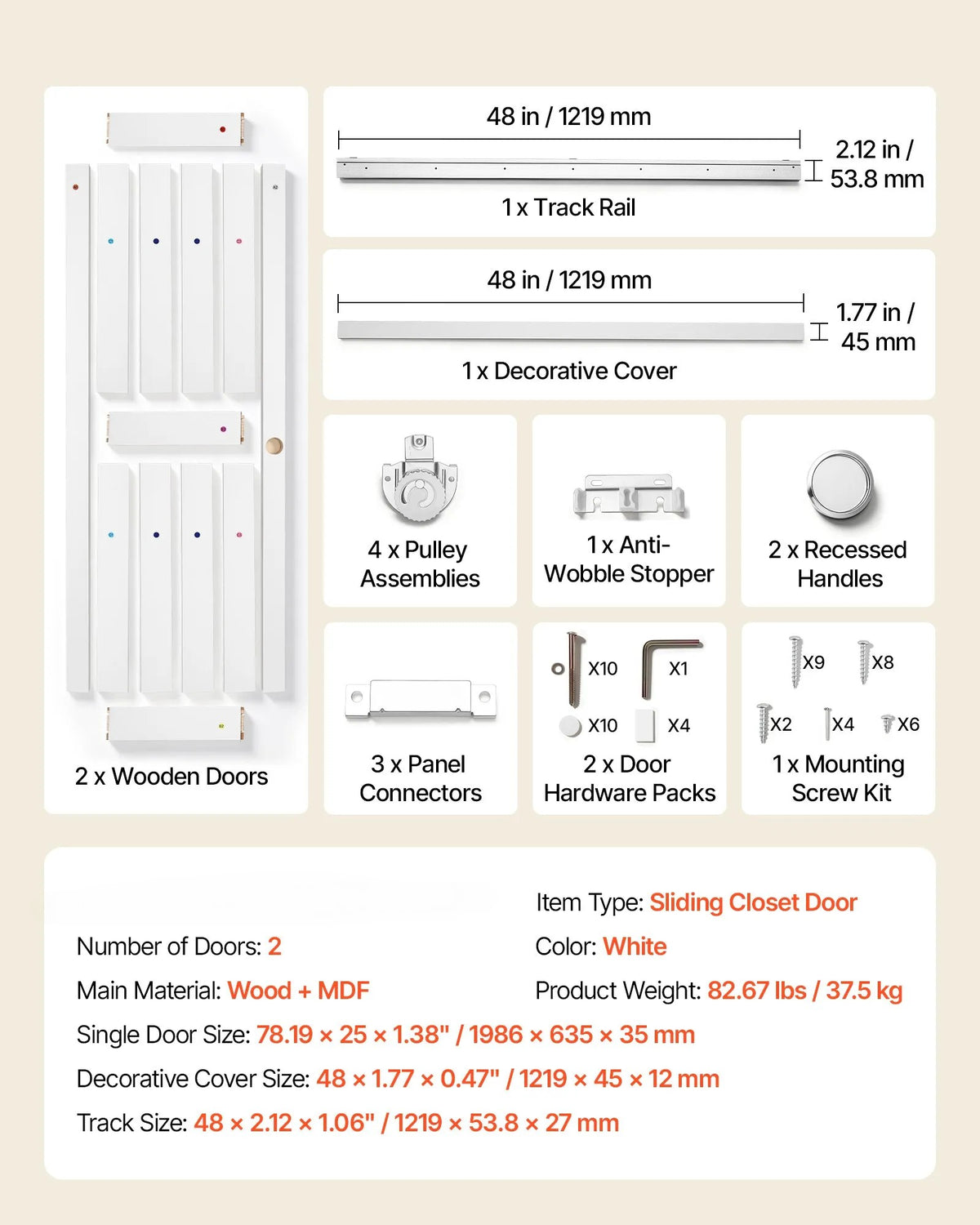 48" x 80" 2-Panel Sliding Closet Door – All-Wood Bypass Barn Door with Hardware Track Kit
