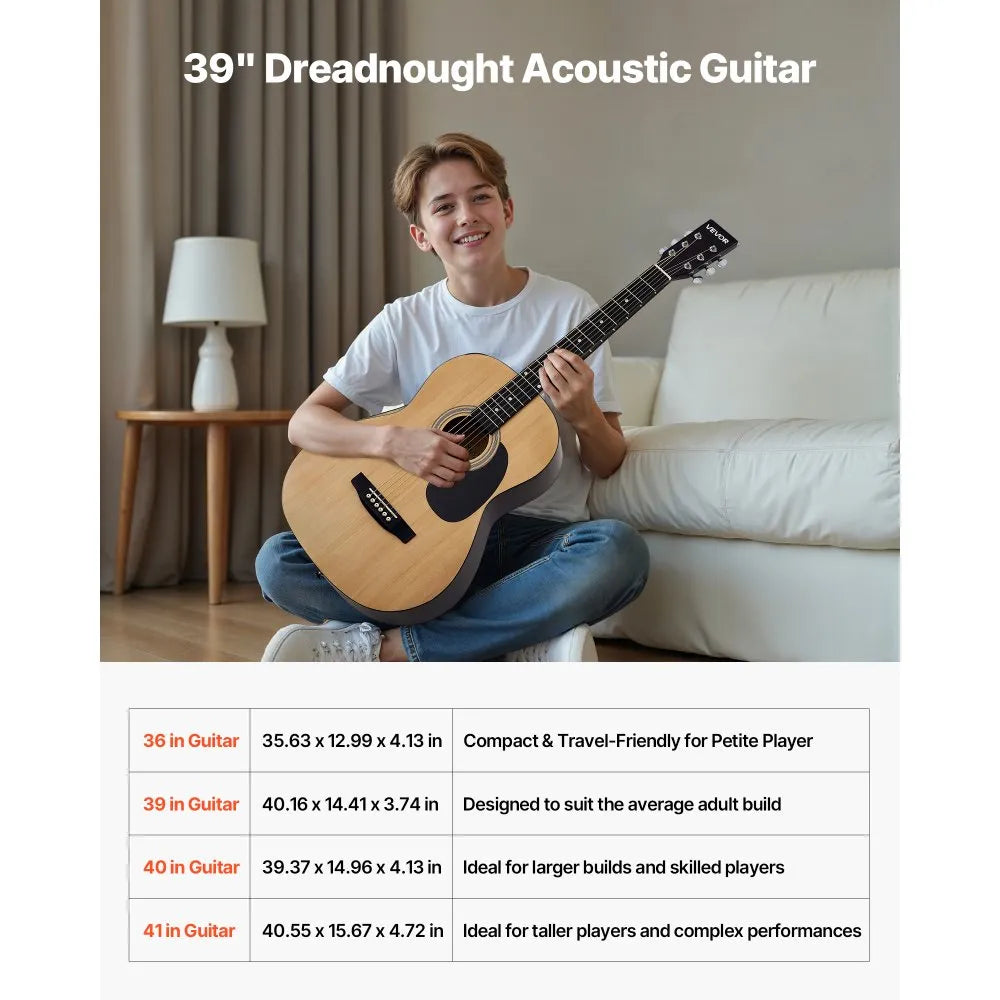 VEVOR Dreadnought Acoustic Guitar, 39 in, 6-String Natural Solid Spruce Top Guitar, Portable Bundle with Gig Bag, Tuner, Strap, Steel Strings, Picks, Capo, Rosewood Fingerboard, for Beginner Adults 