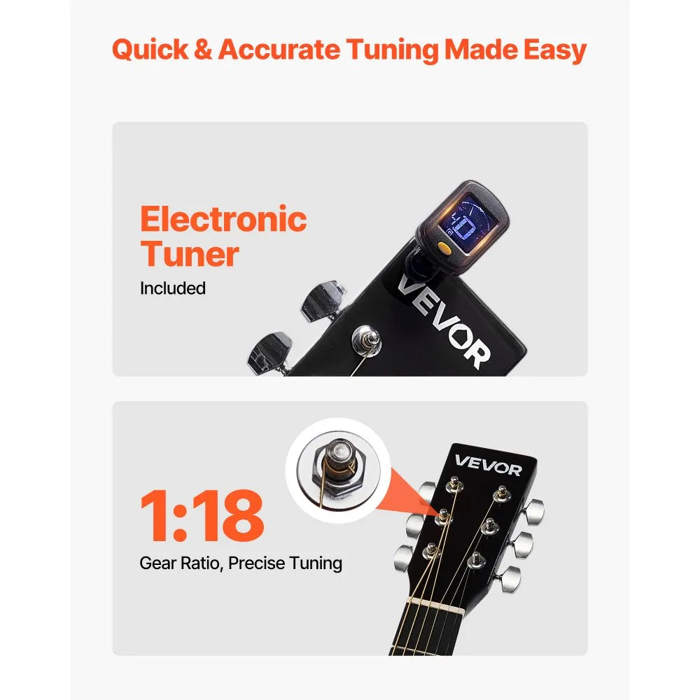 VEVOR Dreadnought Acoustic Guitar, 39 in, 6-String Natural Solid Spruce Top Guitar, Portable Bundle with Gig Bag, Tuner, Strap, Steel Strings, Picks, Capo, Rosewood Fingerboard, for Beginner Adults 